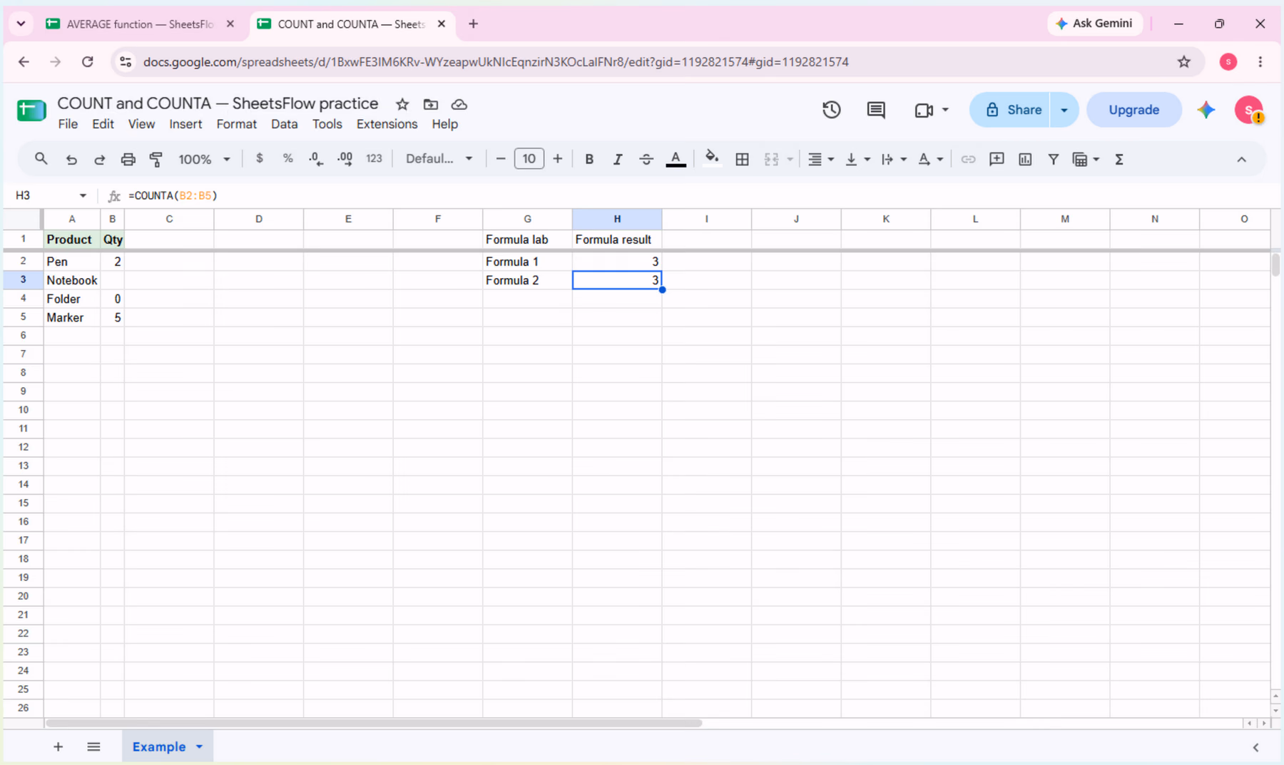 Google Sheets with H3 selected, the name box showing H3, the formula bar showing =COUNTA(B2:B5), the result 3 visible in H3, and the complete source table A1:B5 visible in the same frame.
