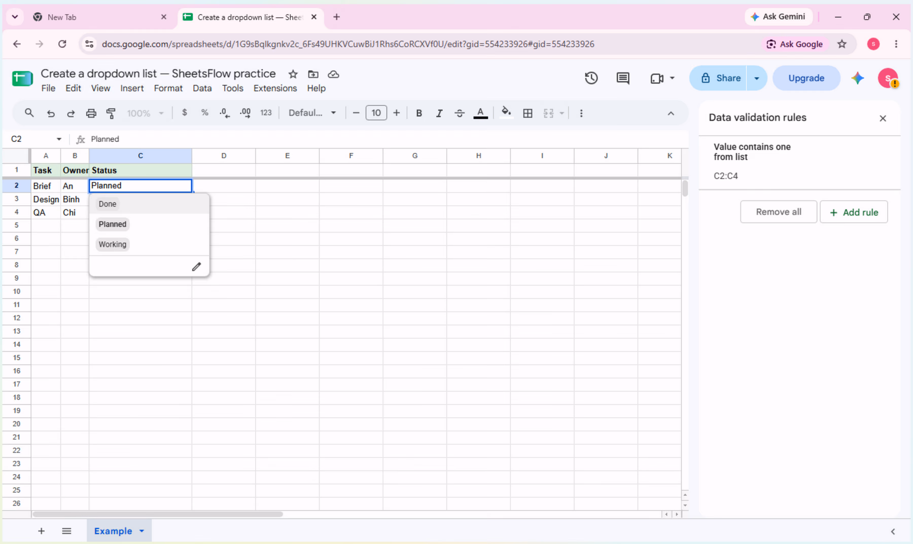 A Status cell dropdown open with the available choices.