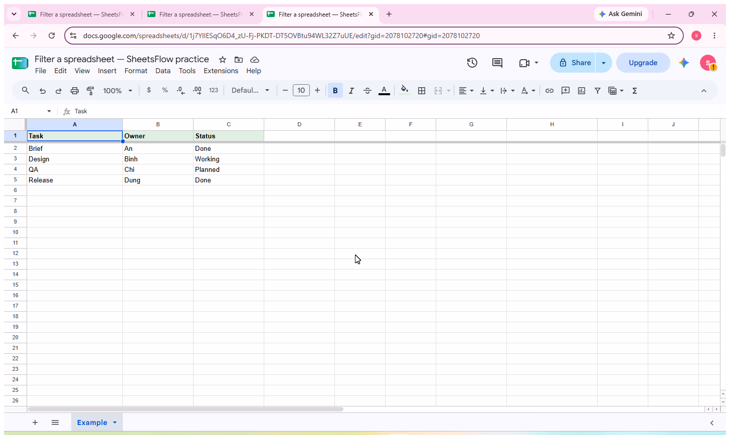 Google Sheets with the complete A1:C5 task dataset visible before any filtering action.