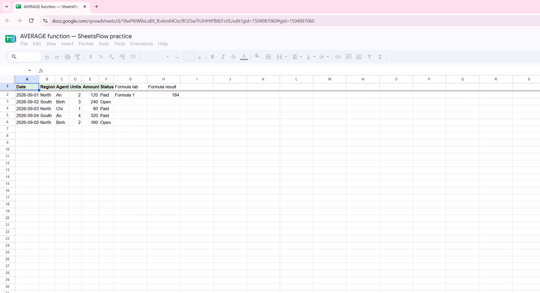 Google Sheets showing the complete source table before reviewing the formula result.