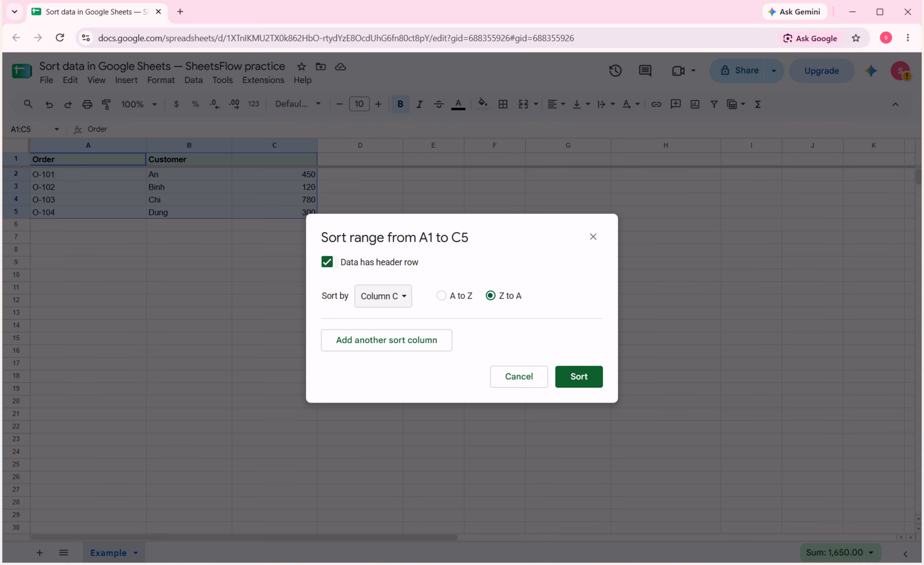 Sort range dialog configured with Data has header row enabled, Column C selected and Z to A chosen.
