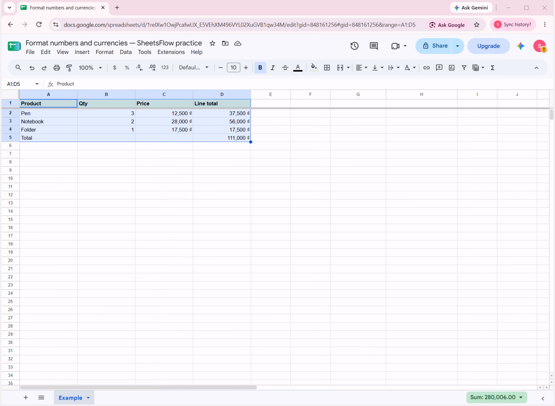 Toàn bộ giao diện Google Sheets và bảng A1:D5, hiển thị đủ dữ liệu đầu vào, giá VND và kết quả tính toán.