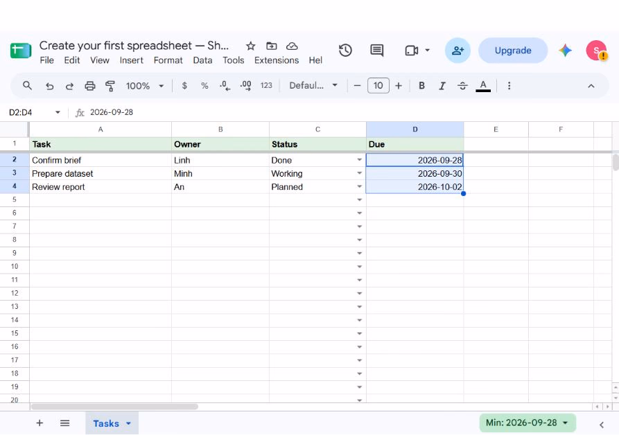 Due date range D2:D4 selected with valid dates formatted as yyyy-mm-dd.