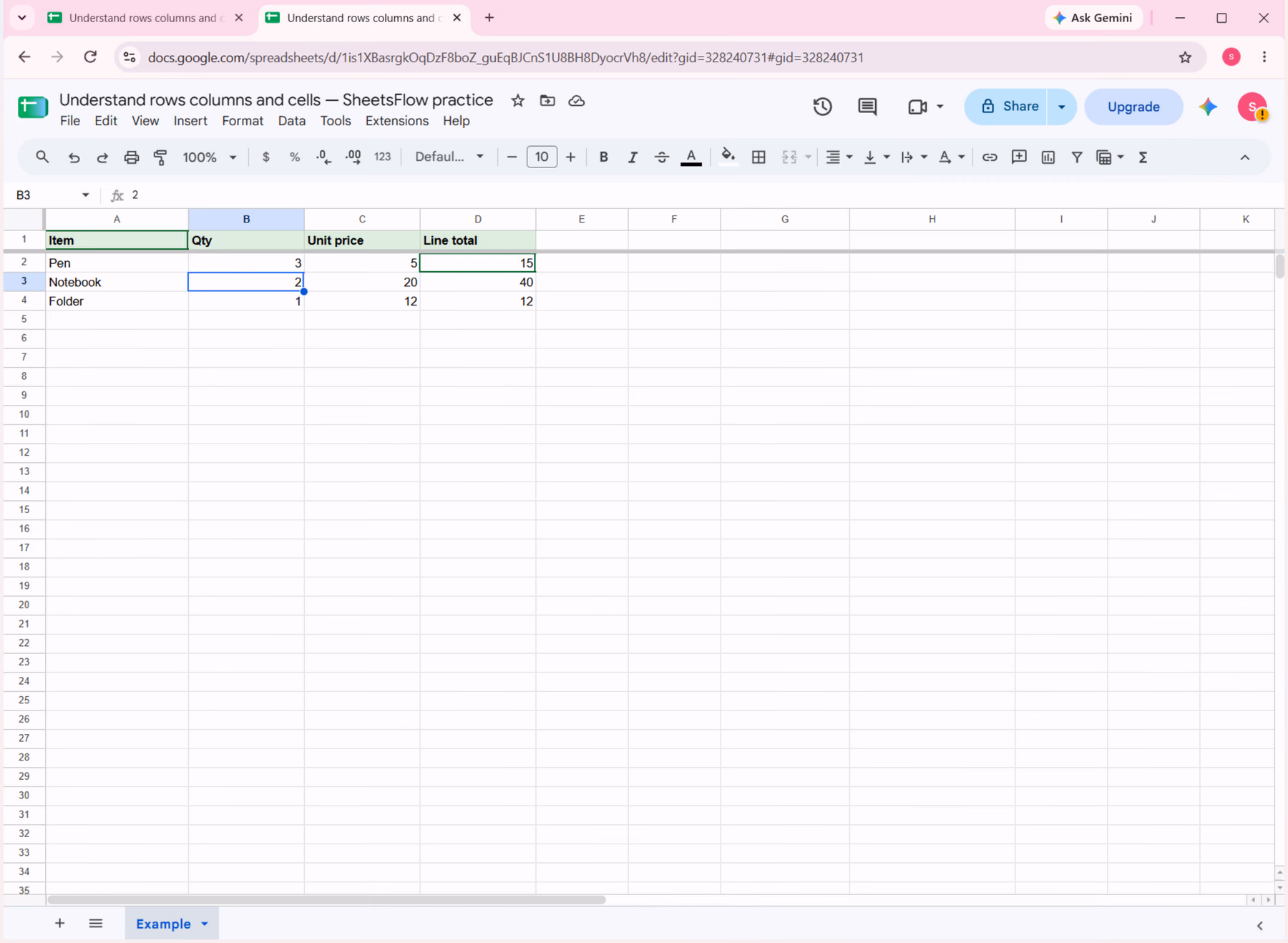 Cell B3 is selected in the real Google Sheets Example tab; the name box reads B3 and formula bar shows 2.
