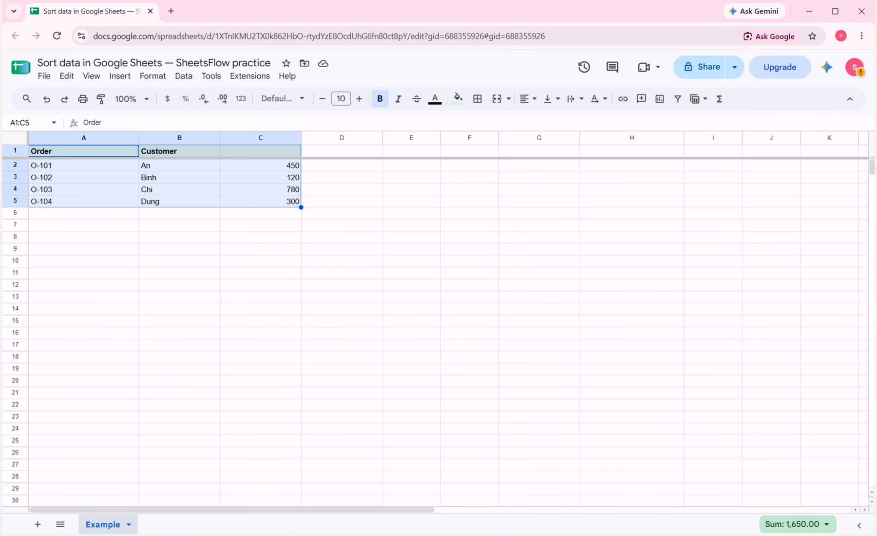 Google Sheets with the complete range A1:C5 selected across Order, Customer and Amount.