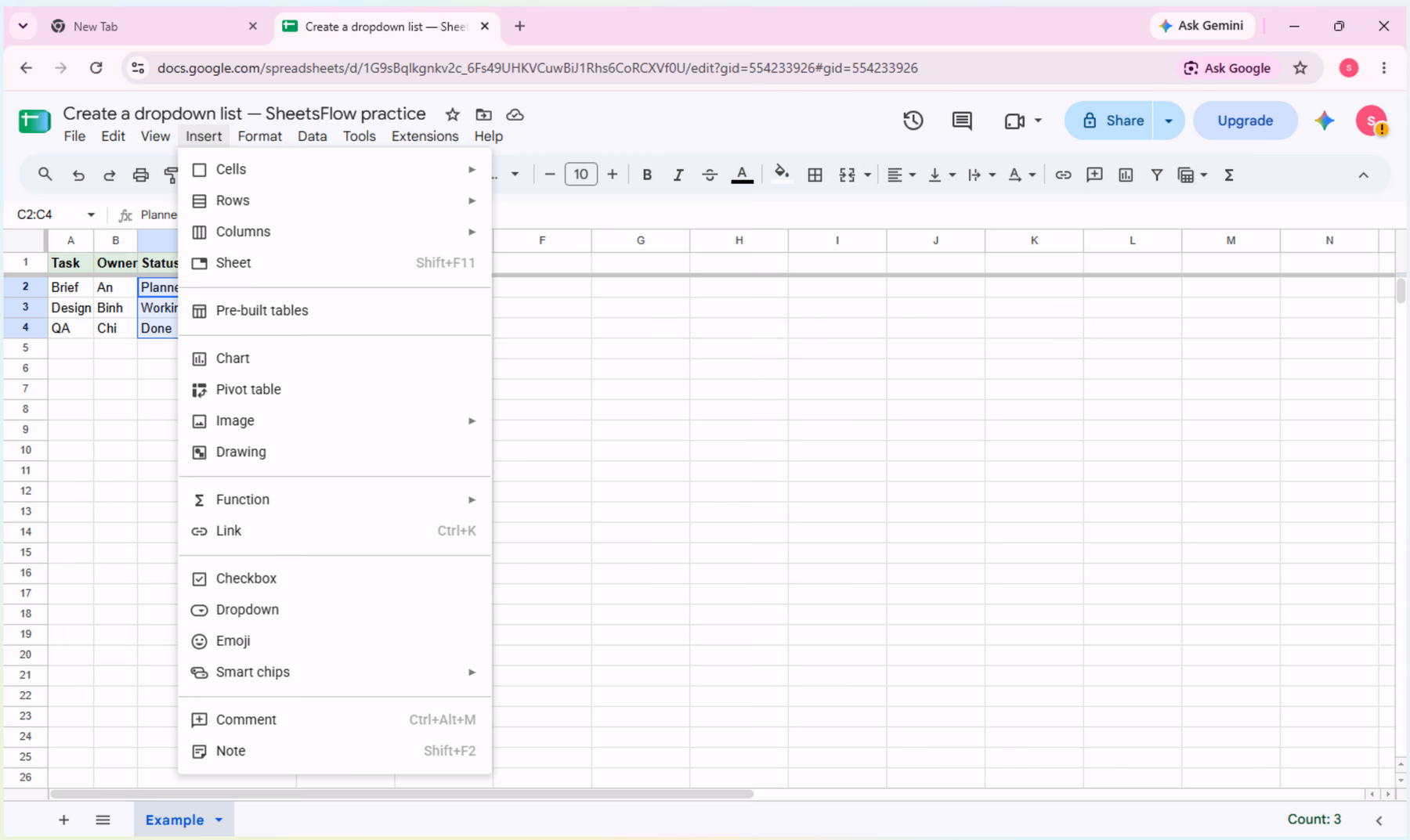 Google Sheets Insert menu showing the Dropdown command.