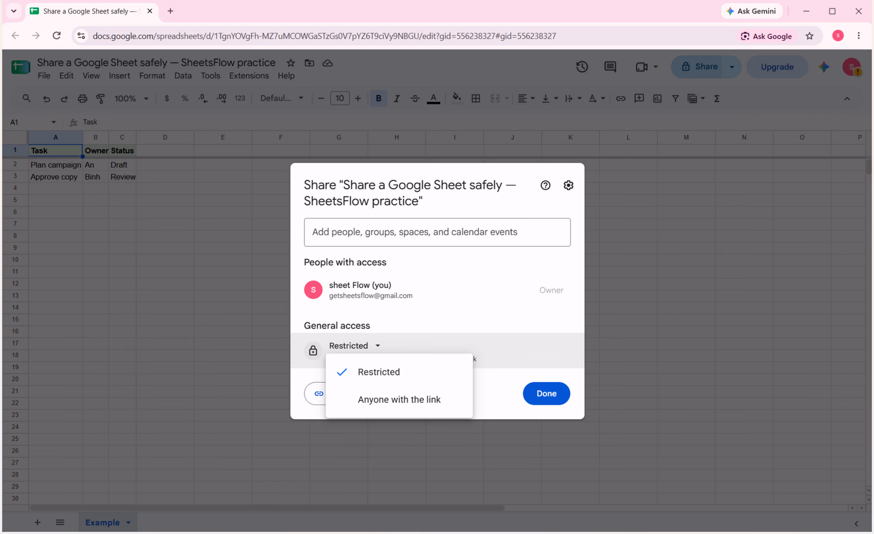 Google Sheets General access dropdown open so the link-scope choices can be reviewed before sharing.