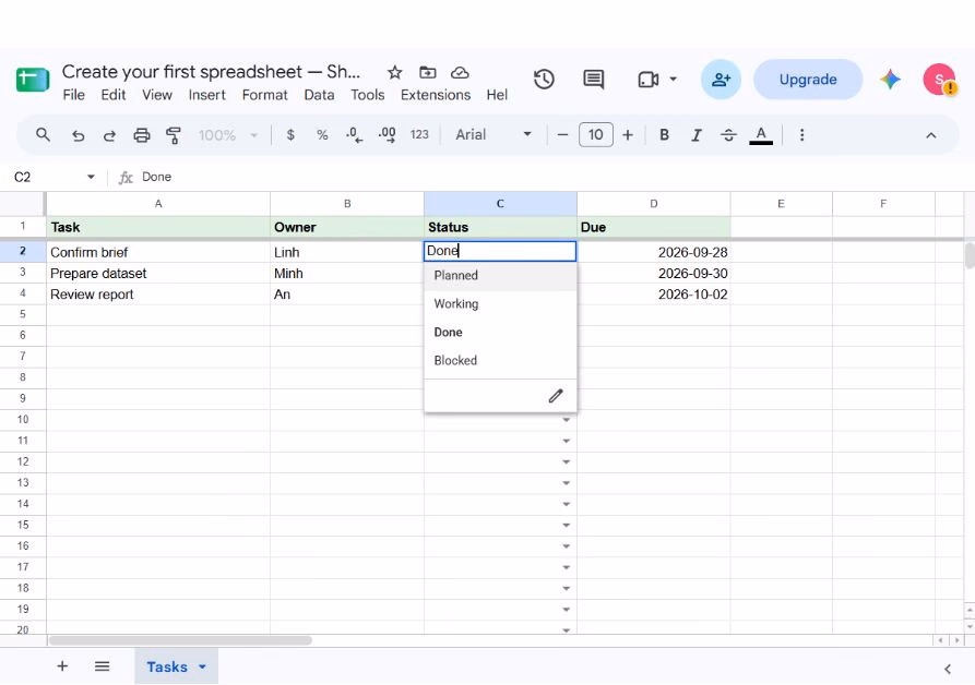 Status dropdown open in cell C2 with Planned, Working, Done and Blocked options.