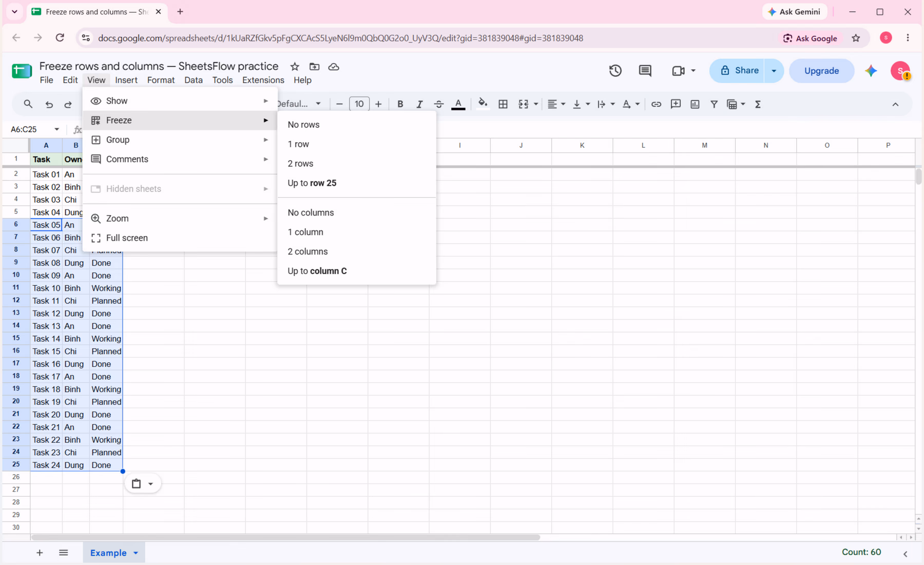 Google Sheets View menu open at Freeze, showing the controls used to freeze rows and columns.