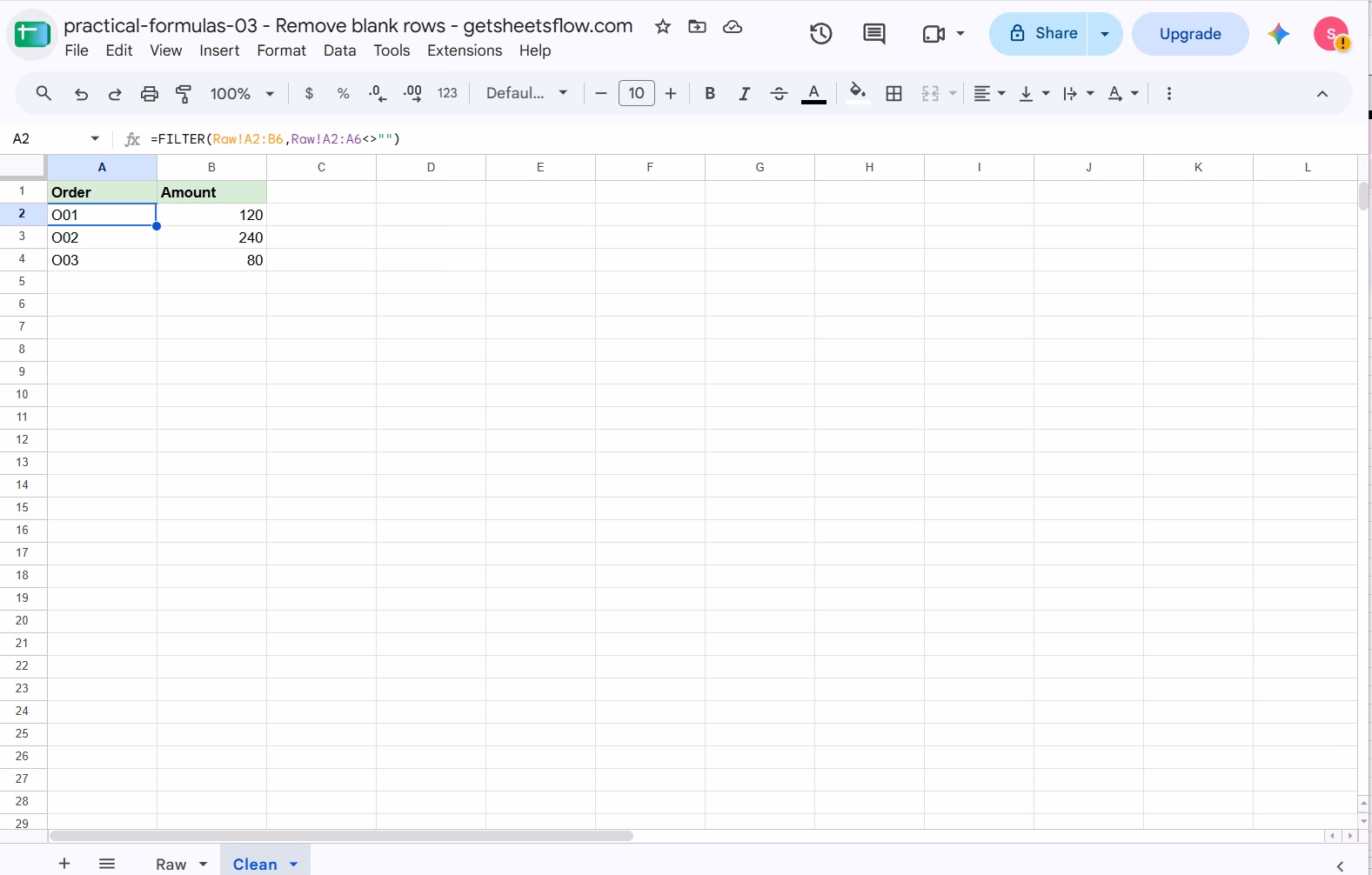 Workbook _result trong Google Sheets với Clean!A2 được chọn; thanh công thức hiển thị FILTER và vùng kết quả tràn chứa O01, O02 và O03.