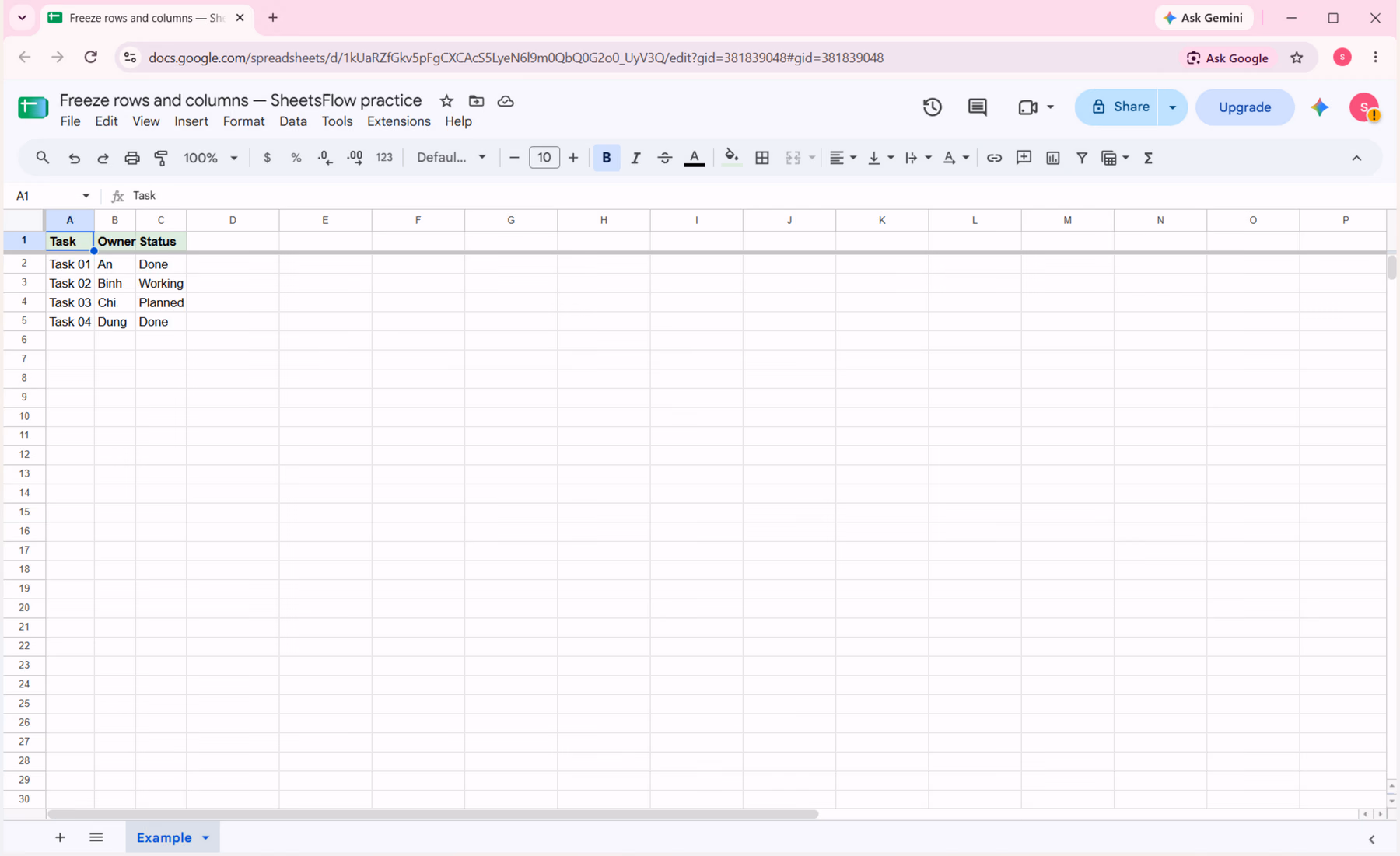 Google Sheets showing the complete A1:C5 task table before any row or column is frozen.