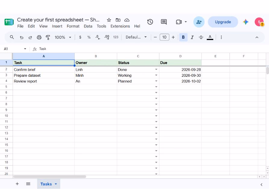 Google Sheets workbook titled Create your first spreadsheet — SheetsFlow practice with menus, toolbar, formula bar, Tasks grid and sheet tab visible.