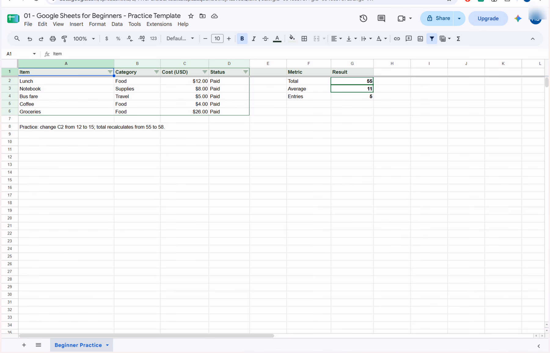 Full Google Sheets interface with the file title, menus, toolbar, expense tracker, frozen header, filters, summary and sheet tab.
