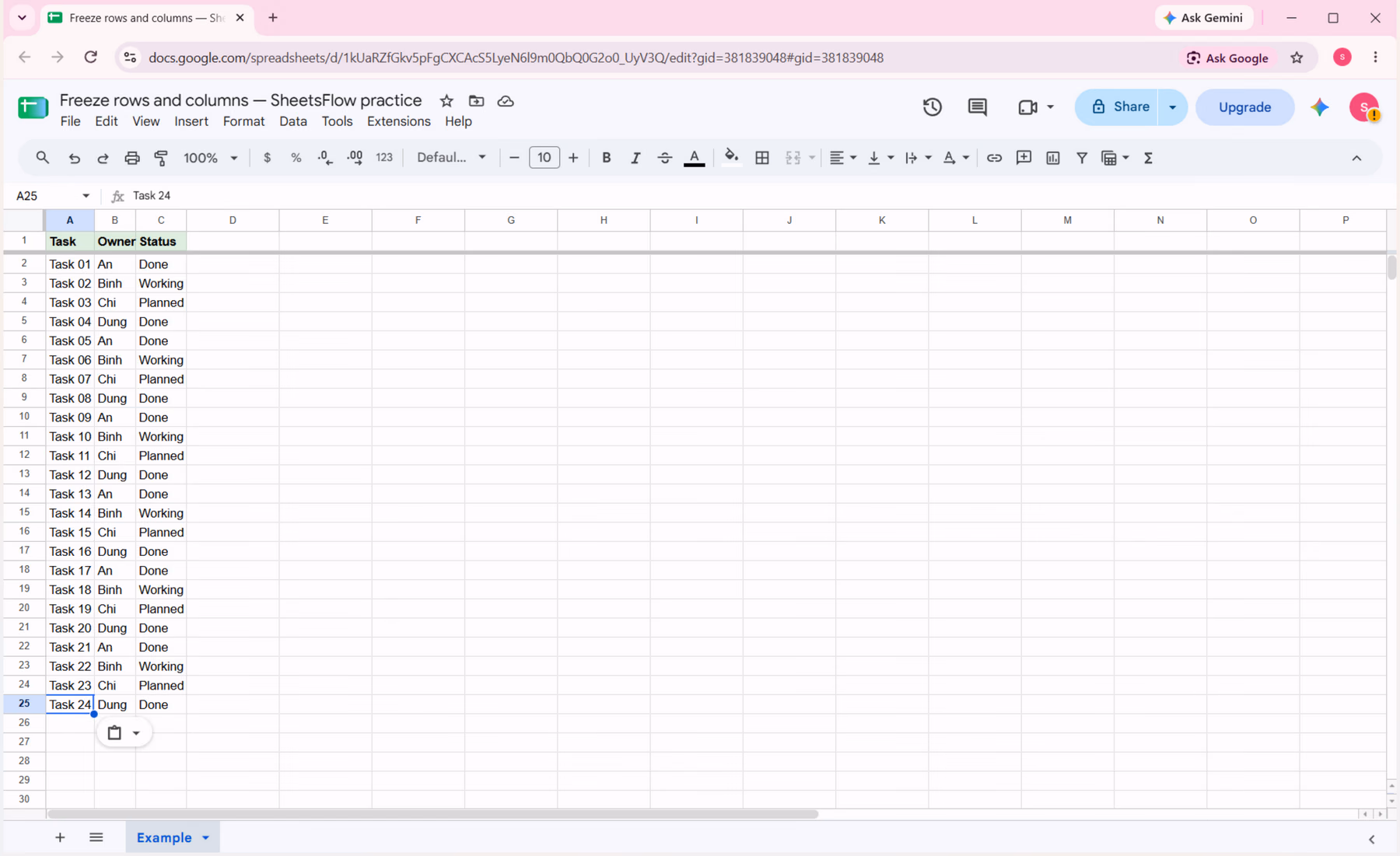 Google Sheets after freezing row 1 and scrolling down, with the header row still visible at the top.