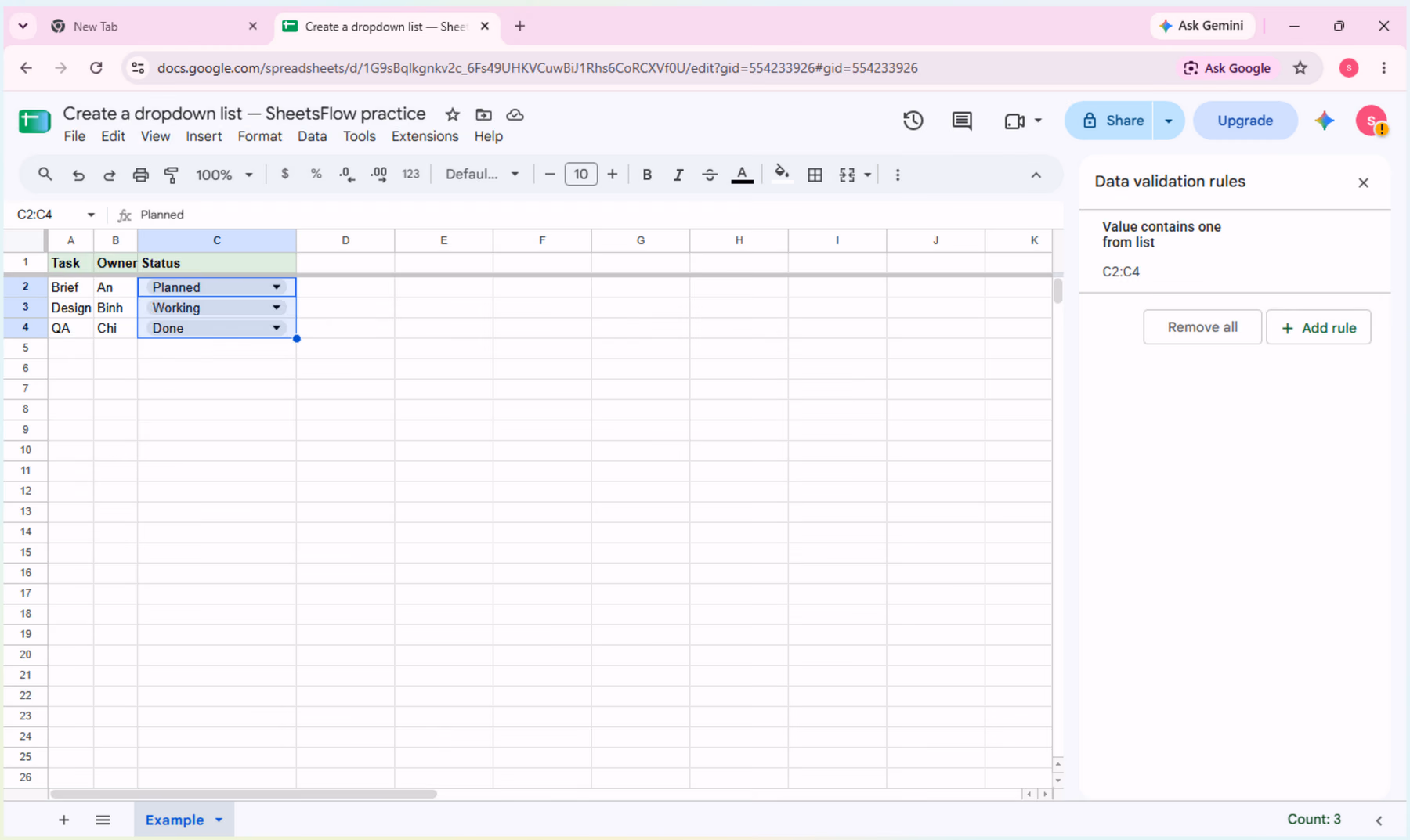 Google Sheets after the dropdown rule is applied to C2:C4.