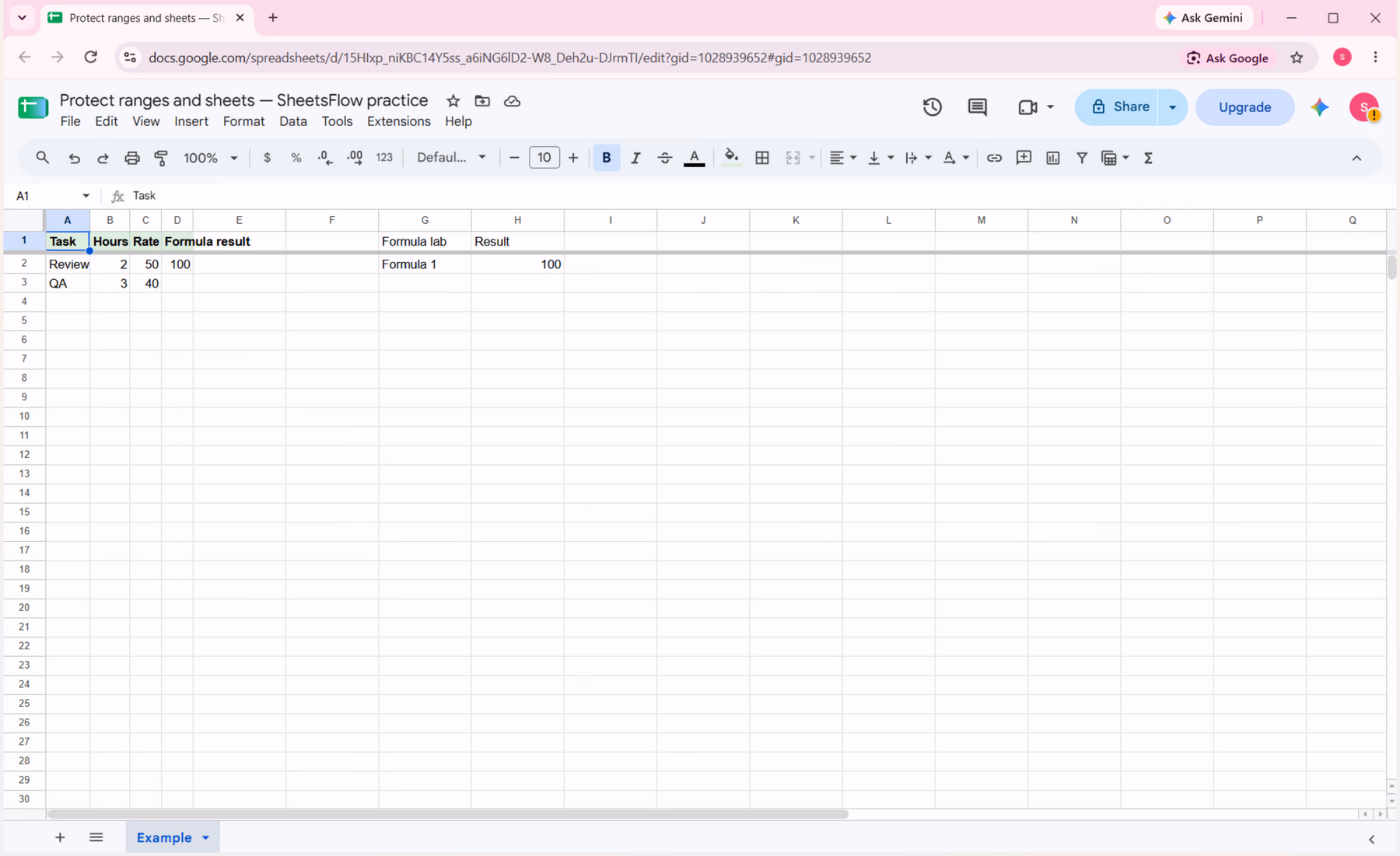 Google Sheets showing the complete A1:D3 task table before the Cost formulas are entered.