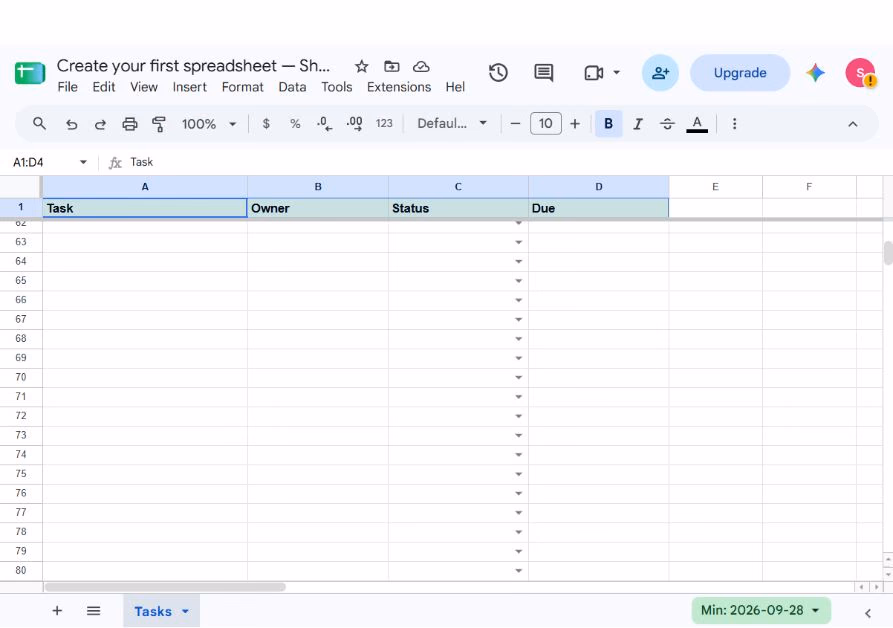 Google Sheets scrolled to rows 62 through 80 while the formatted header row remains frozen at the top.