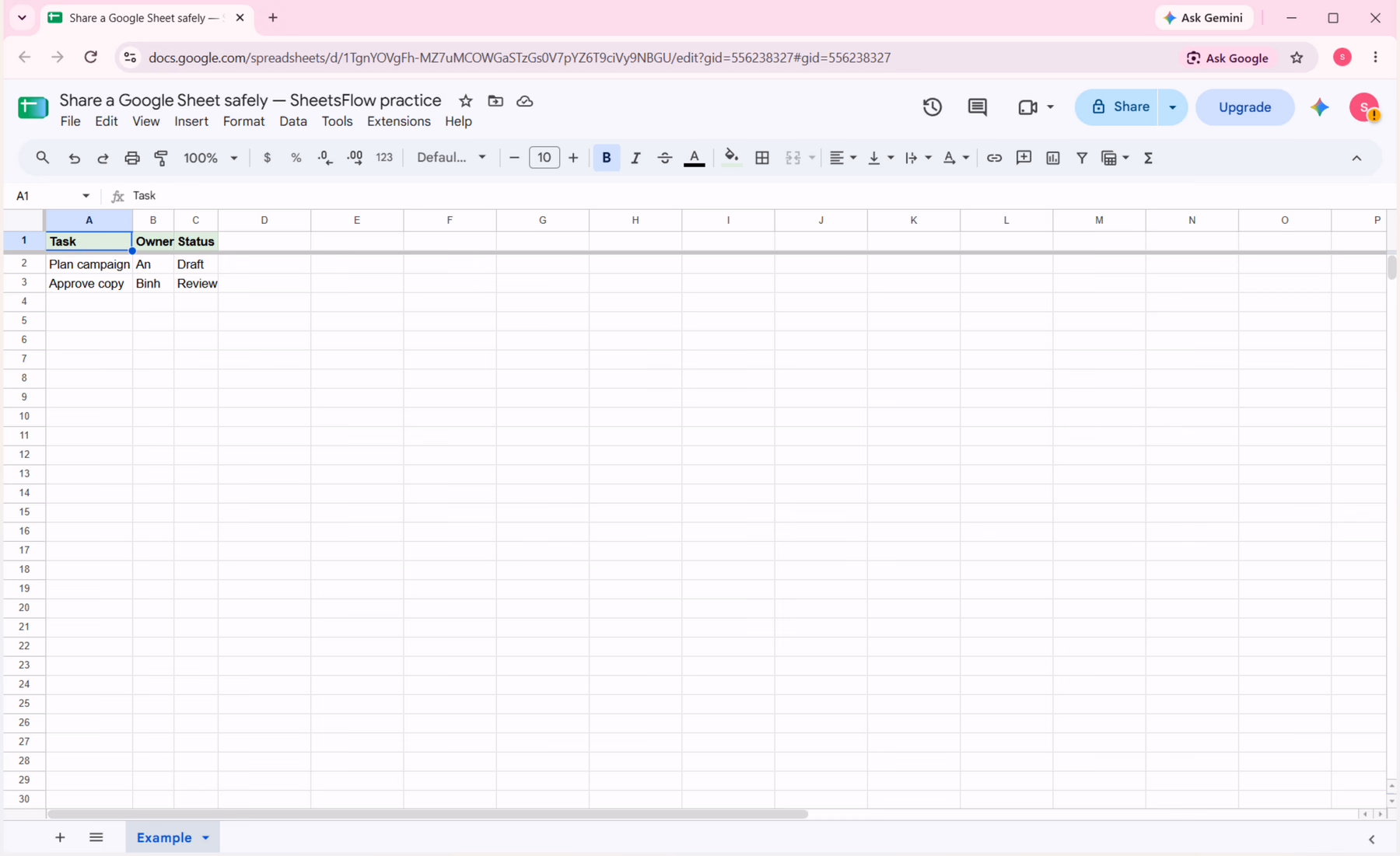 Google Sheets showing the complete A1:C3 team tracker before the Share dialog is opened.