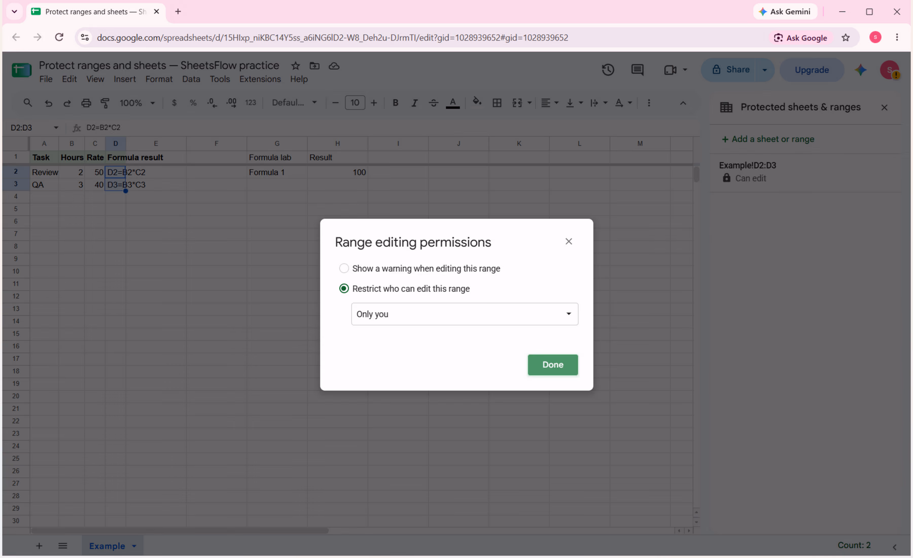 Google Sheets range editing permissions dialog for the protected D2:D3 formula range.