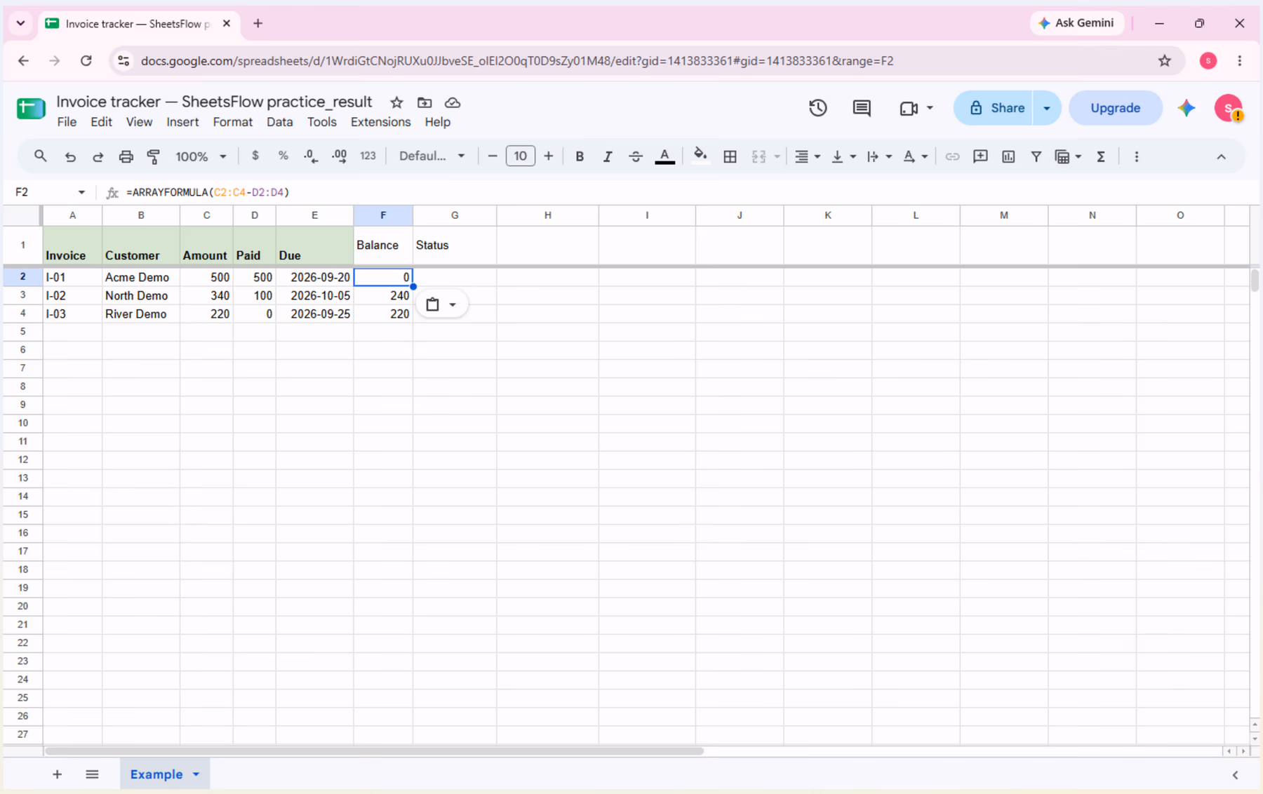 The _result workbook with F2 selected, the formula bar showing ARRAYFORMULA(C2:C4-D2:D4), and Balance spilling as 0, 240, and 220.