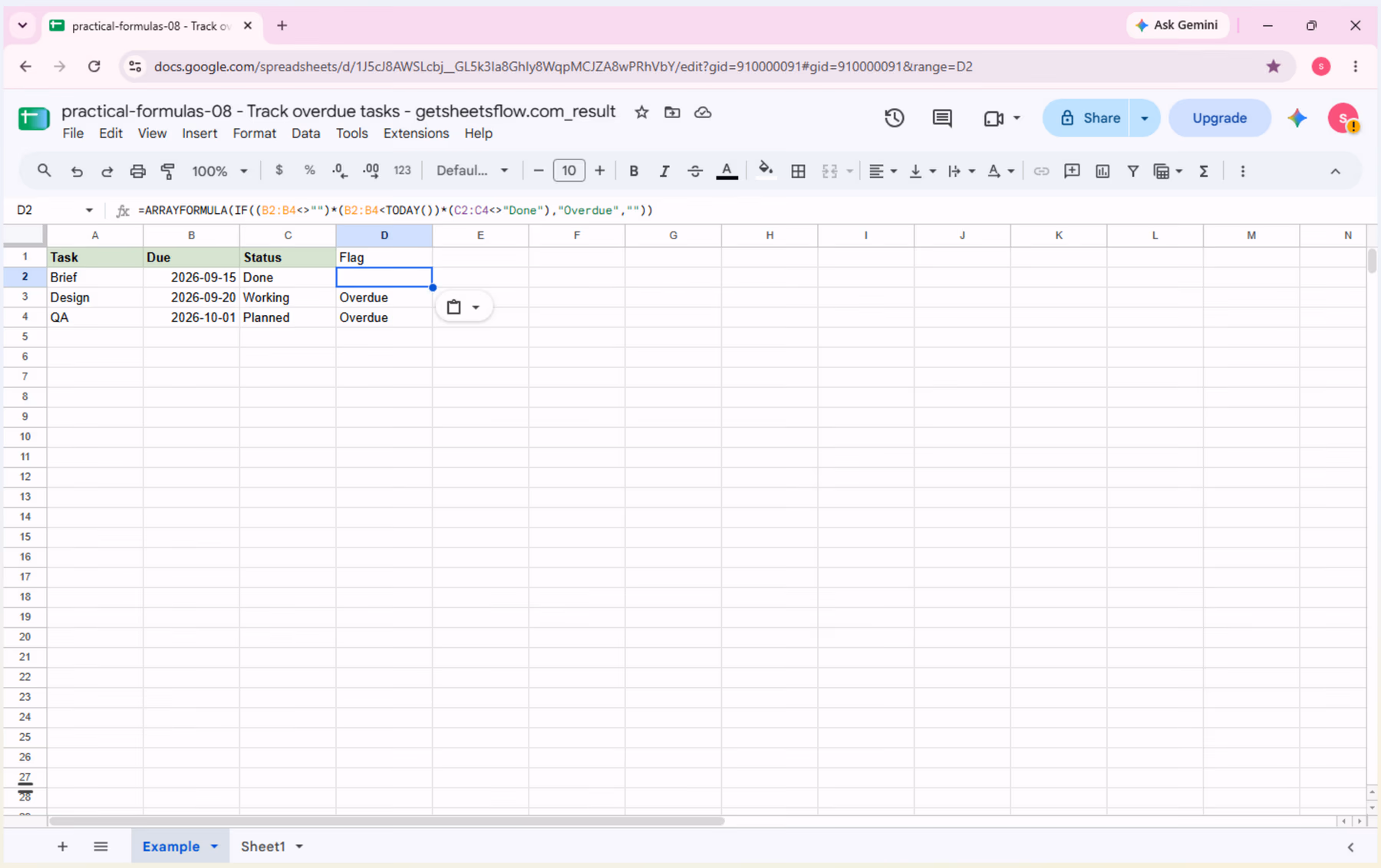 The _result workbook with Example!D2 selected; the formula bar shows the complete ARRAYFORMULA and the spill result is blank for Brief, Overdue for Design, and Overdue for QA.