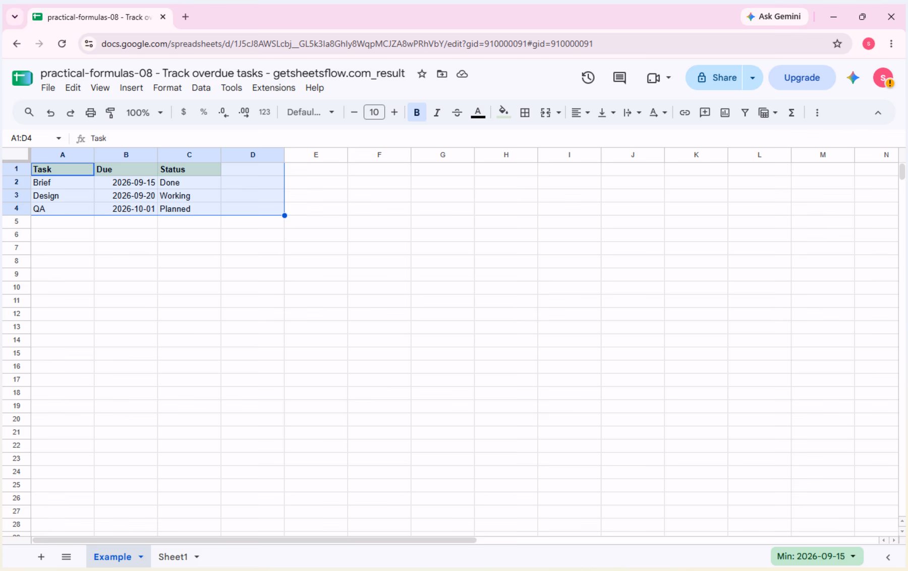 The _result workbook before the formula is entered, showing Task, Due, Status, and the Flag header in D1.