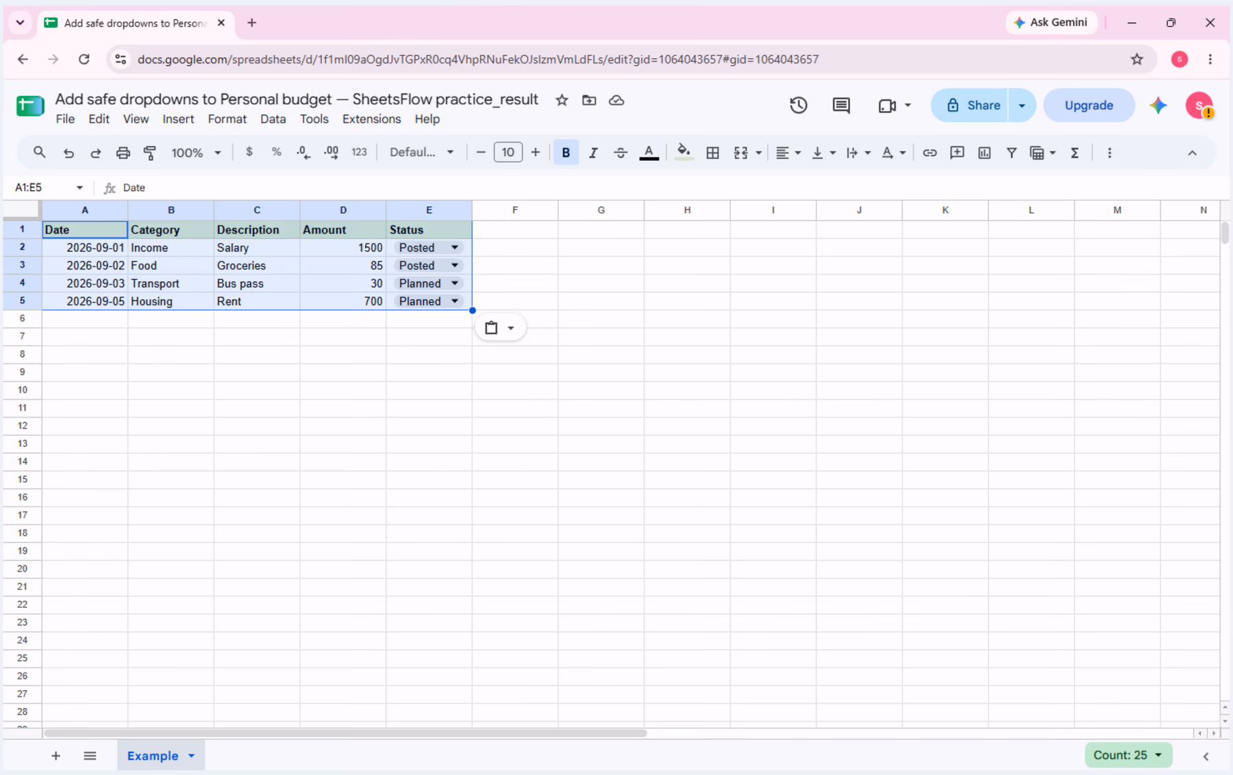 Final checkpoint: A1:E5 still contains the original four sample rows after validation testing.
