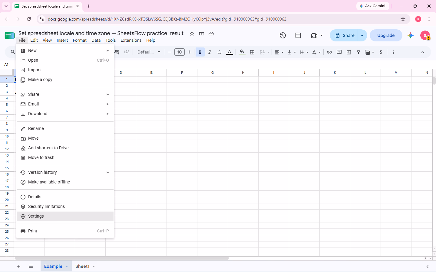 Google Sheets File menu with the pointer on Settings.