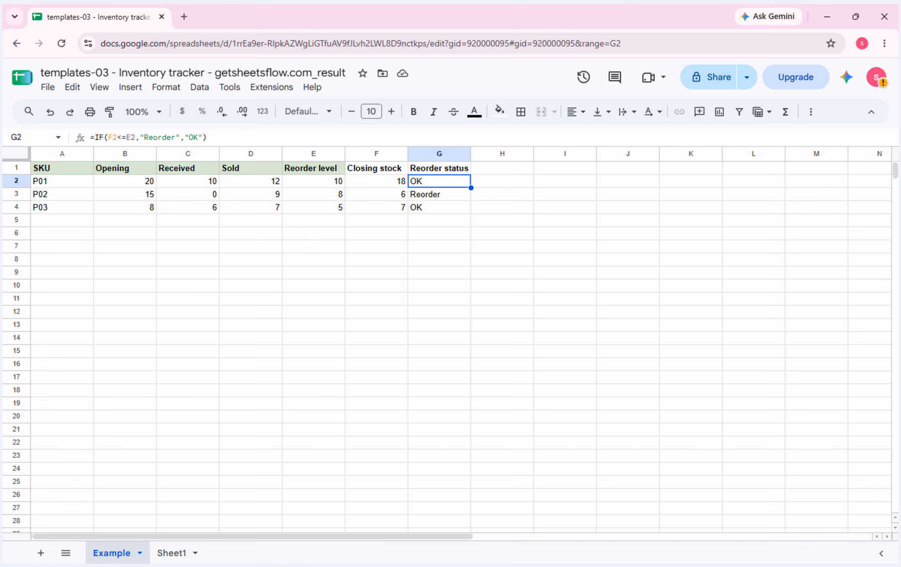 Cell G2 is selected with the IF formula visible in the formula bar and the status shown as OK.