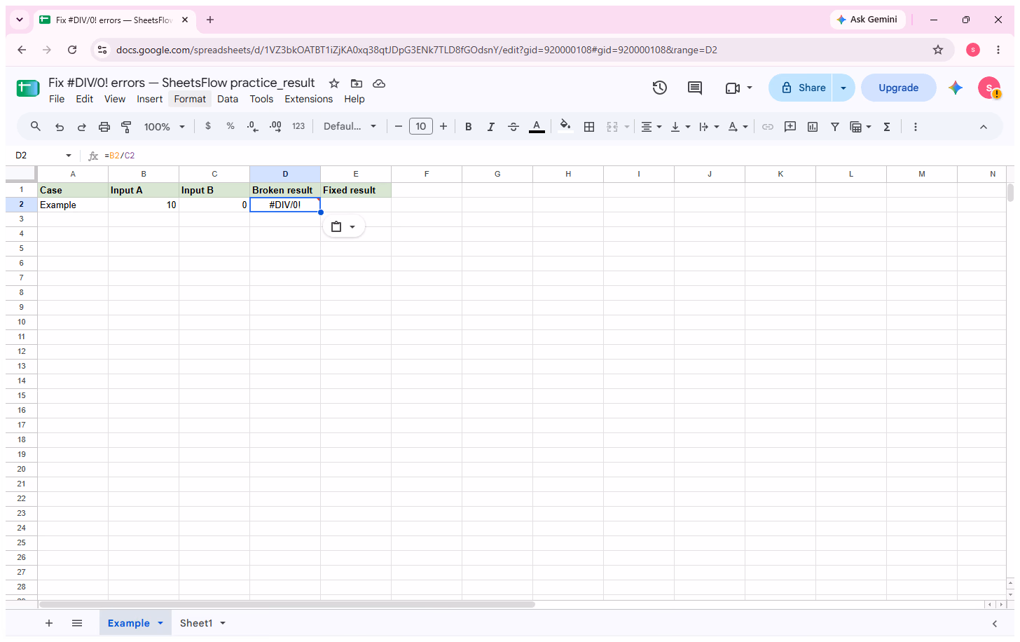 Google Sheets with D2 selected, =B2/C2 visible in the formula bar, #DIV/0! displayed in D2, and B2=10 with C2=0 visible.