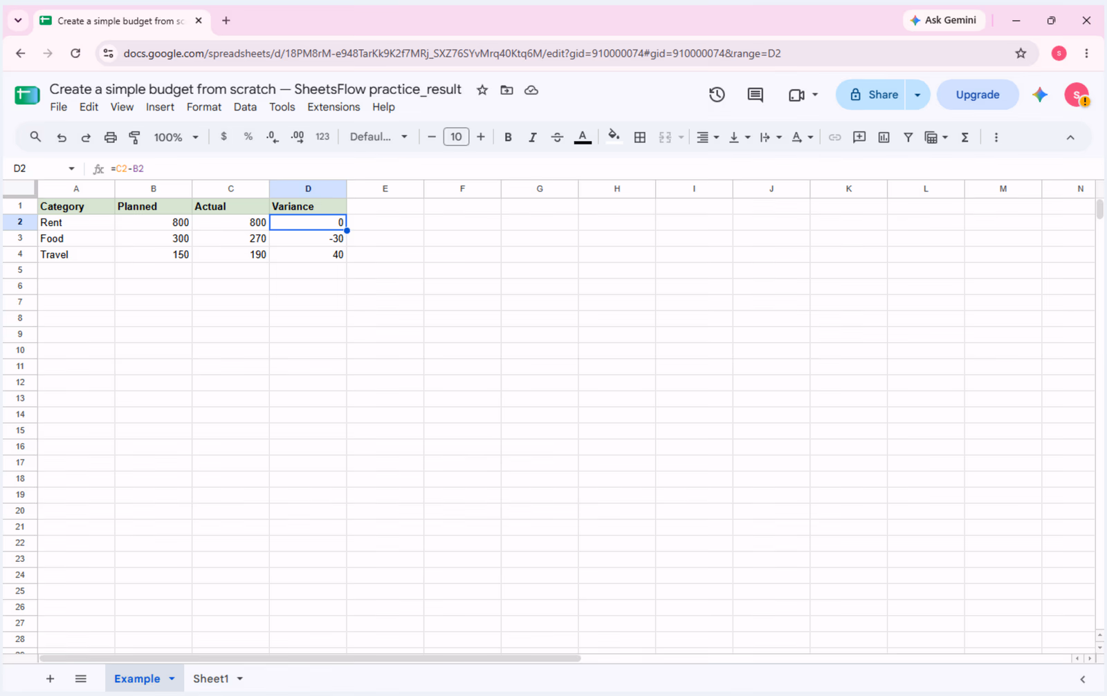Cell D2 selected in Google Sheets with =C2-B2 visible in the formula bar and the source budget table visible.