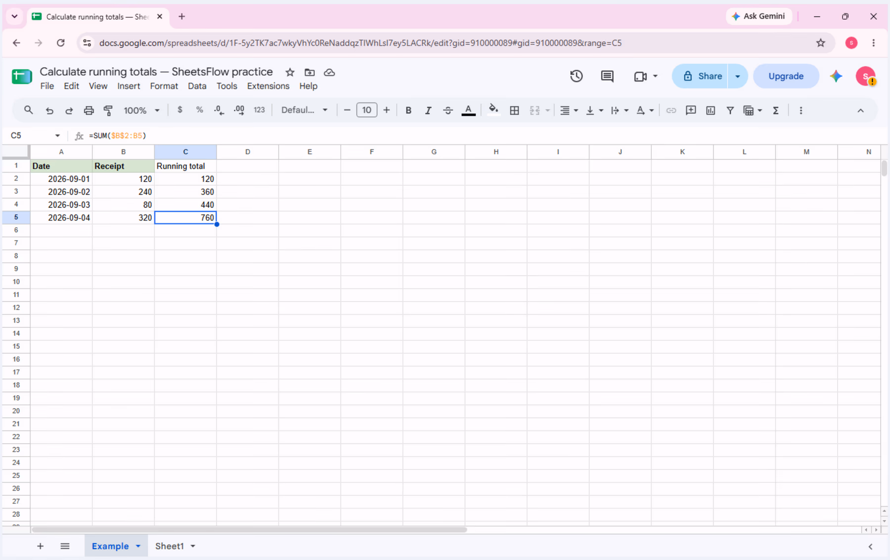 Cell C5 selected after the running-total formula is filled down, with the cumulative result 760 and the formula visible in Google Sheets.