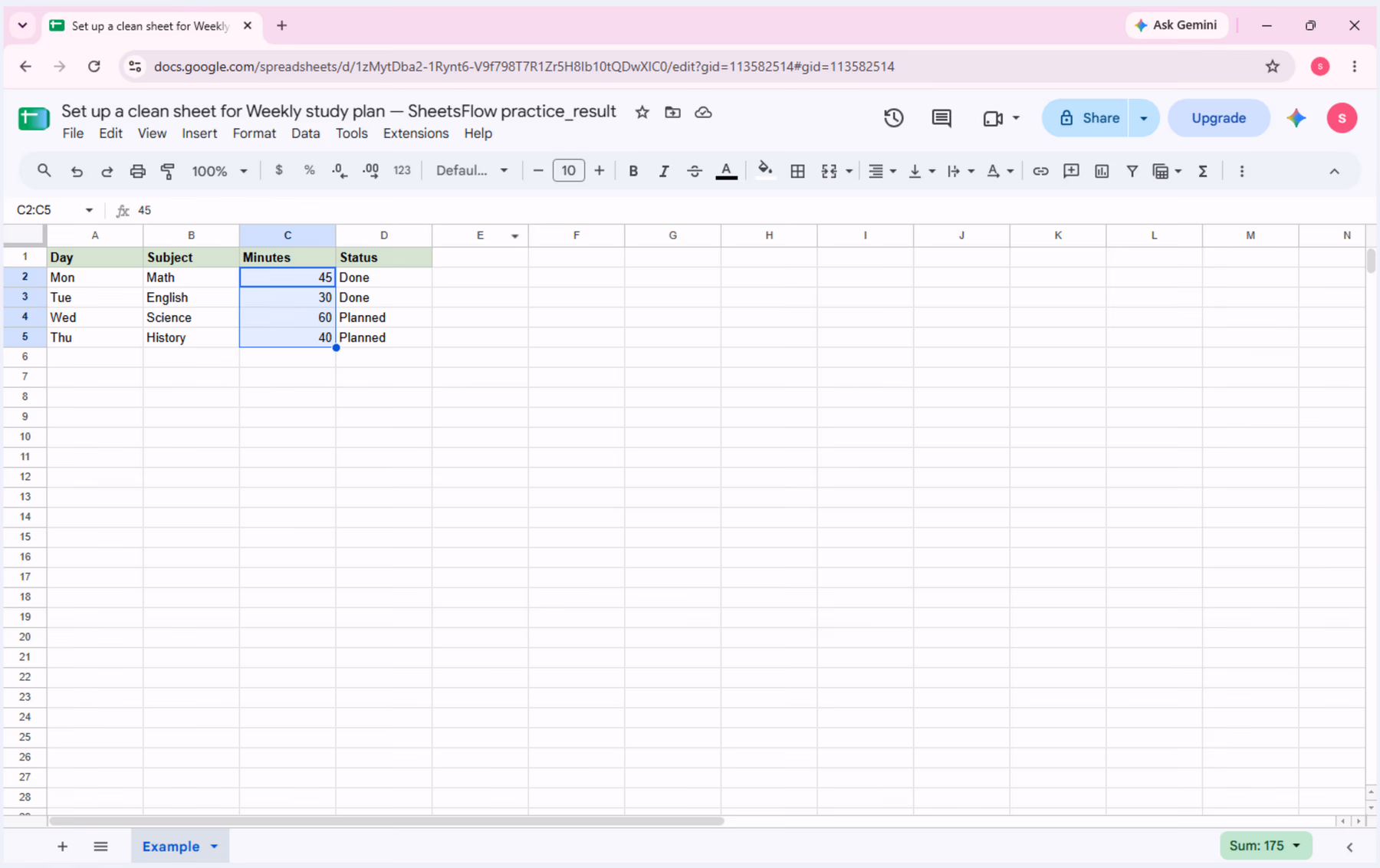 Live _result workbook with C2:C5 selected to verify the Minutes values are numeric.