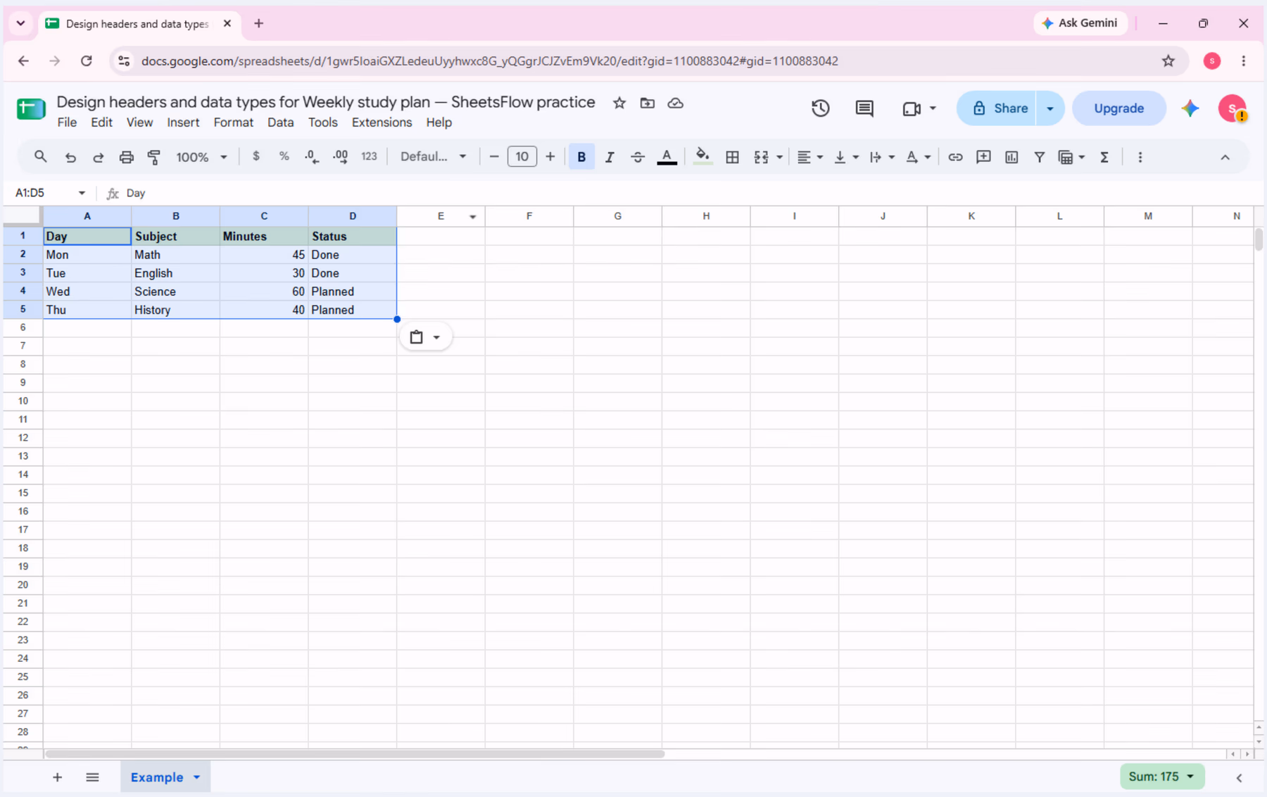 Google Sheets weekly study plan showing the complete A1:D5 sample table with Day, Subject, Minutes, and Status.