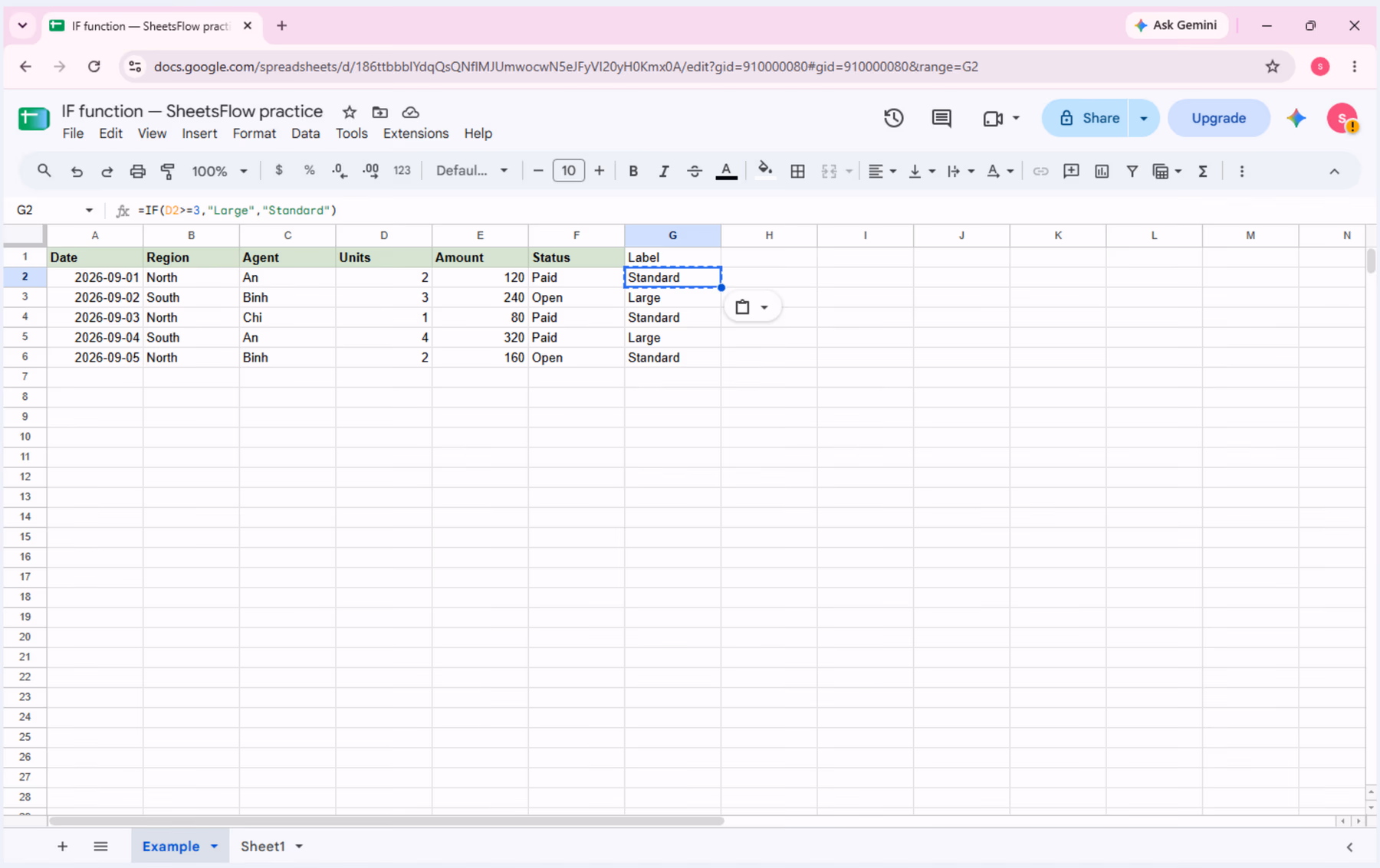 The result cell is selected with the formula visible in the formula bar and the complete source table available for comparison.