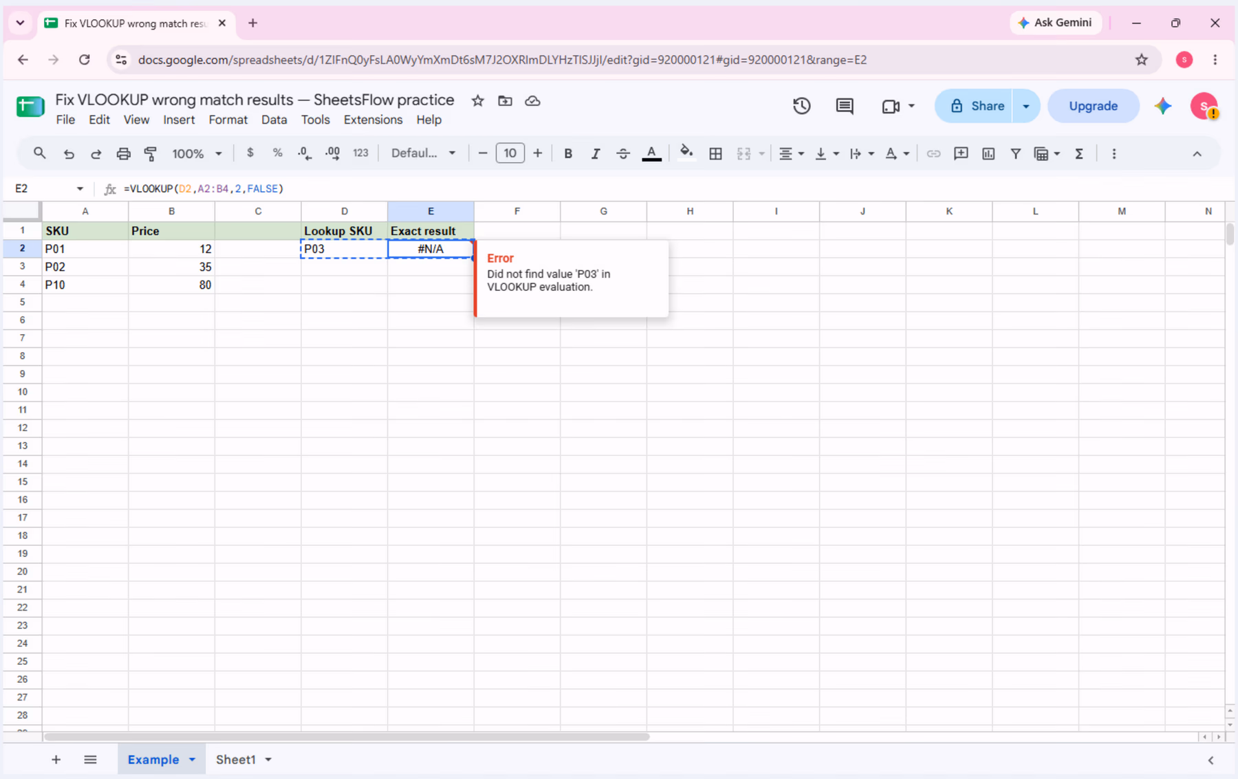 Cell E2 selected with exact-match VLOOKUP returning #N/A for missing SKU P03.