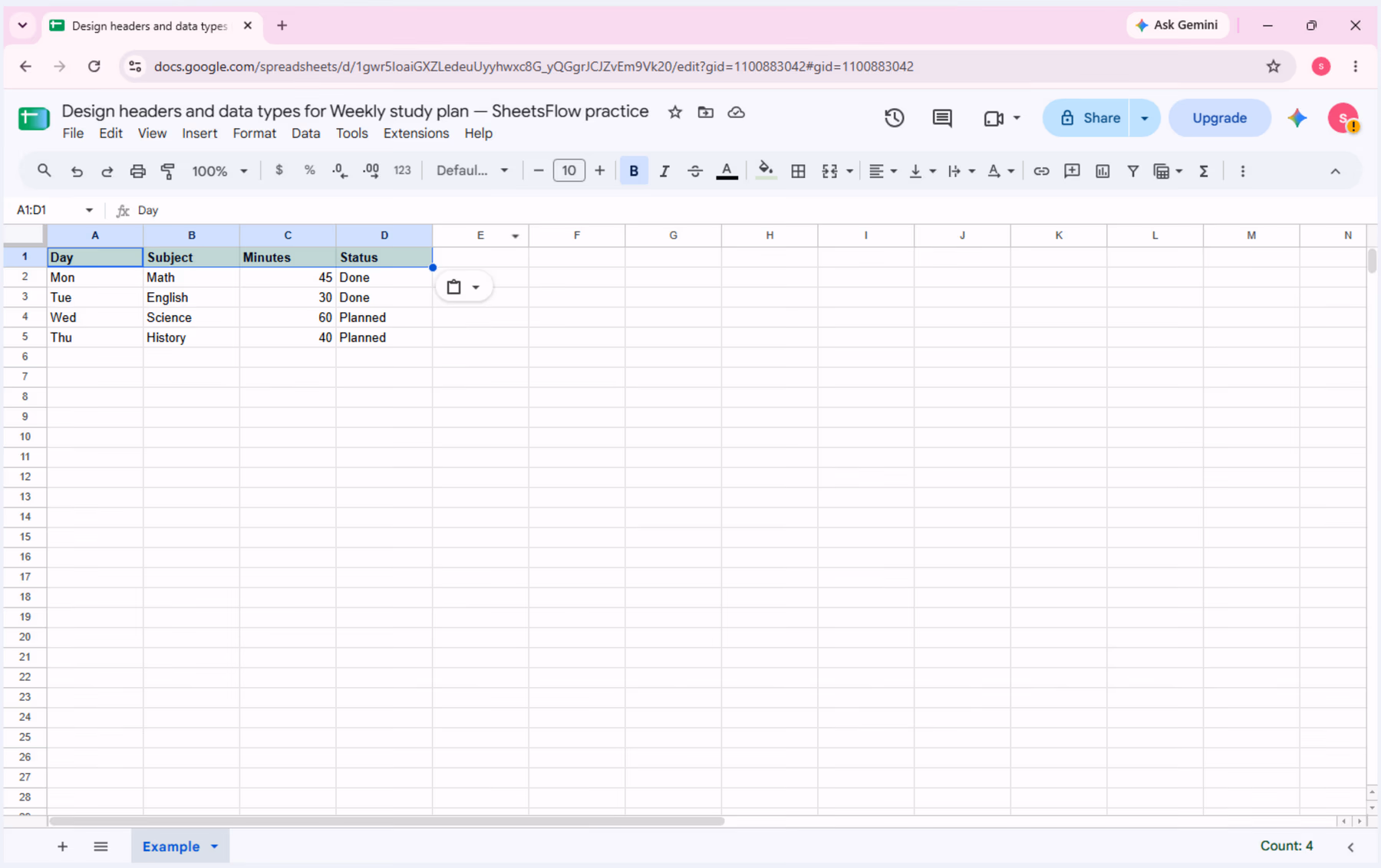 A1:D1 selected in Google Sheets, showing the four headers Day, Subject, Minutes, and Status.