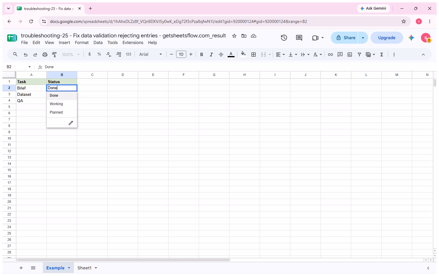 Google Sheets dropdown for B2 showing Done, Working, and Planned as the available validated choices.