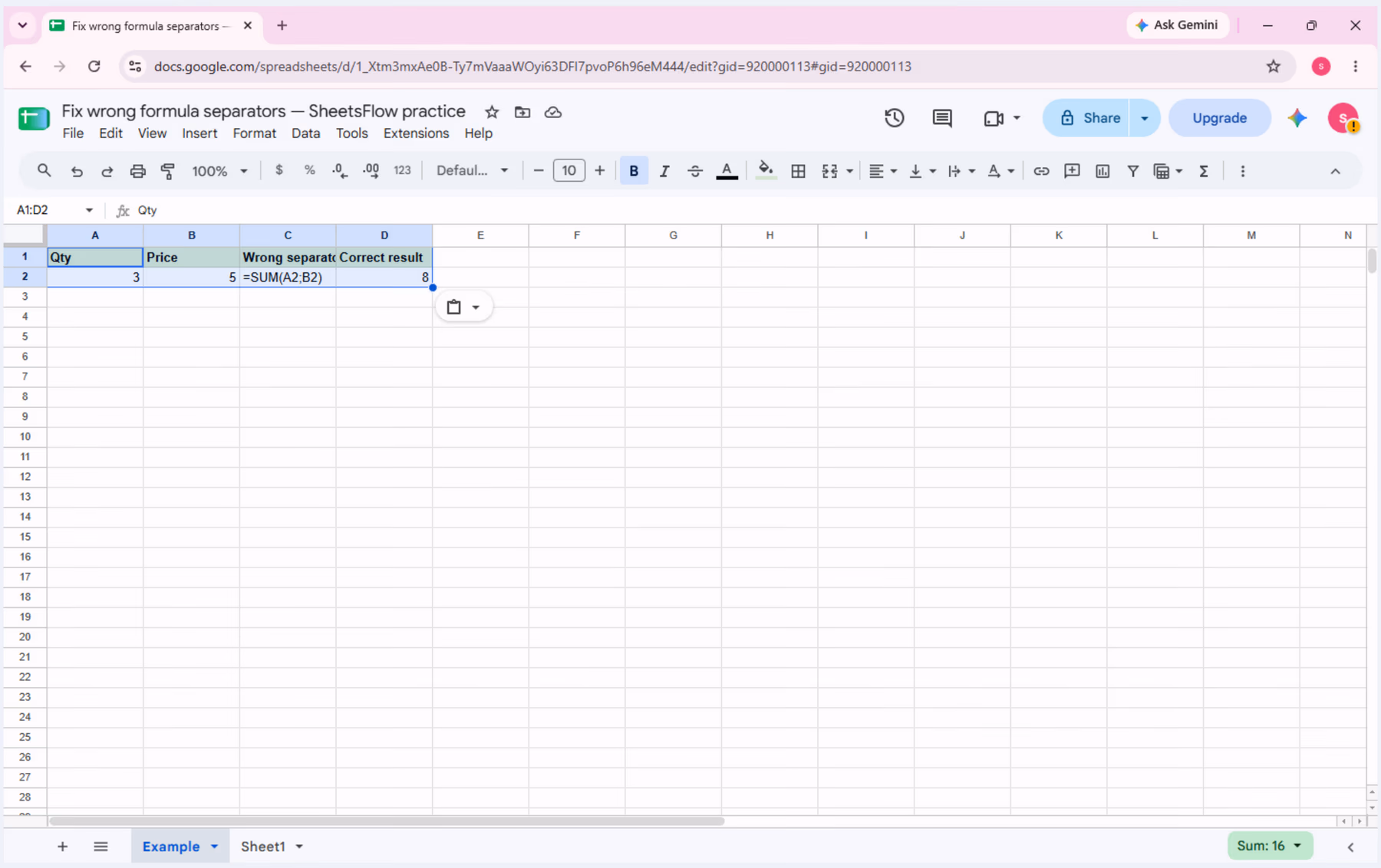 Google Sheets practice table with Qty 3, Price 5, a literal semicolon formula example in C2, and the result column.