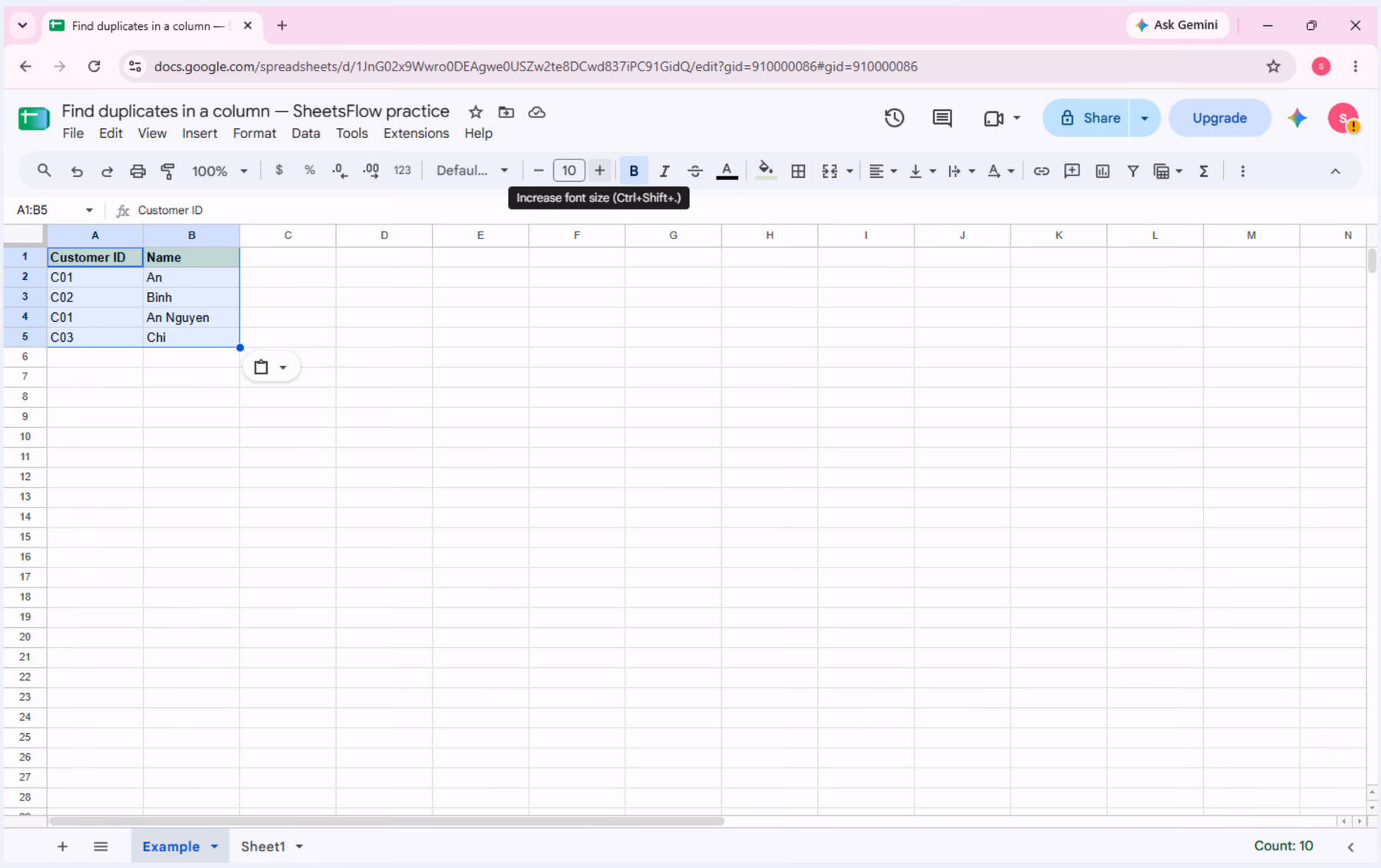 The sample Customer ID table selected in the current Google Sheets practice workbook.