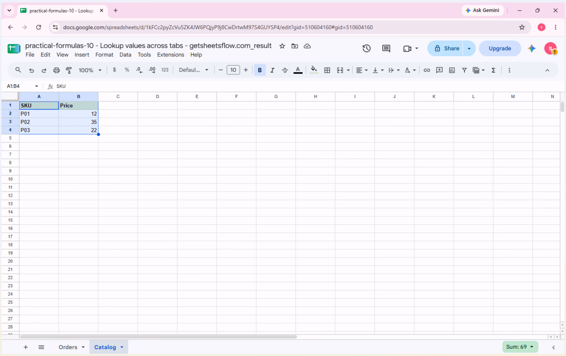 The _result workbook with Catalog selected, showing the exact SKU and Price table used by VLOOKUP.