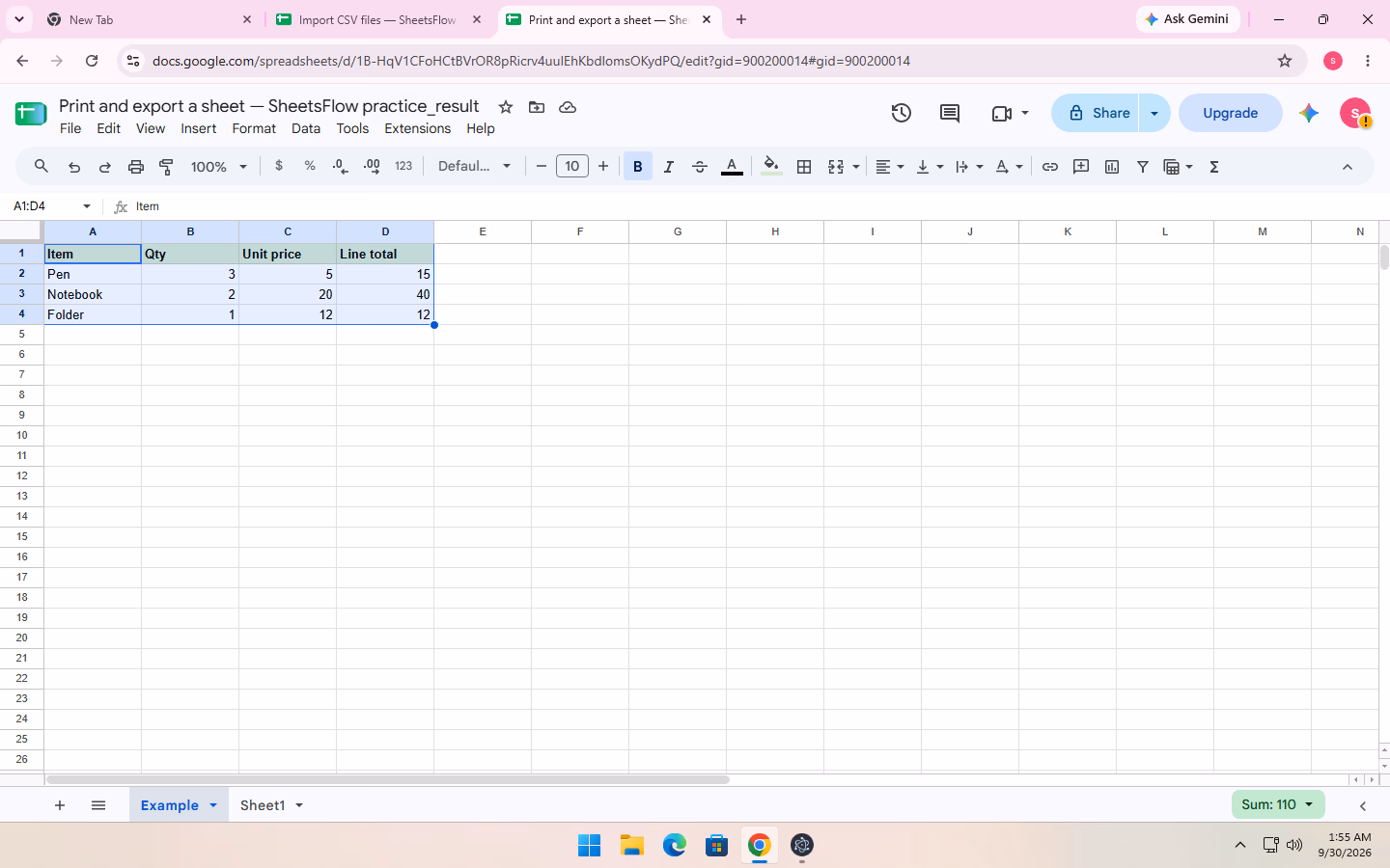 Range A1:D4 is selected in full before printing, including the header row and all three data rows.