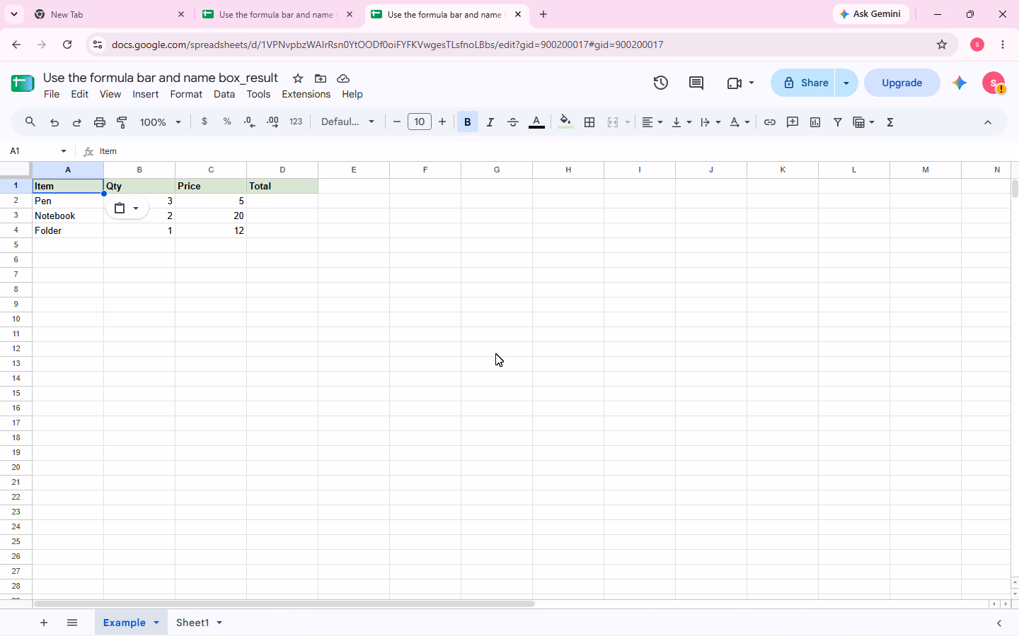 Workbook _result hiển thị bảng Item, Qty, Price, Total sạch trước khi nhập công thức vào D2.