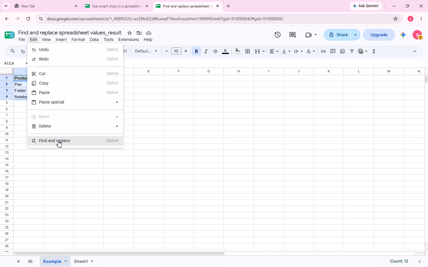 Find-and-replace evidence for step 1
