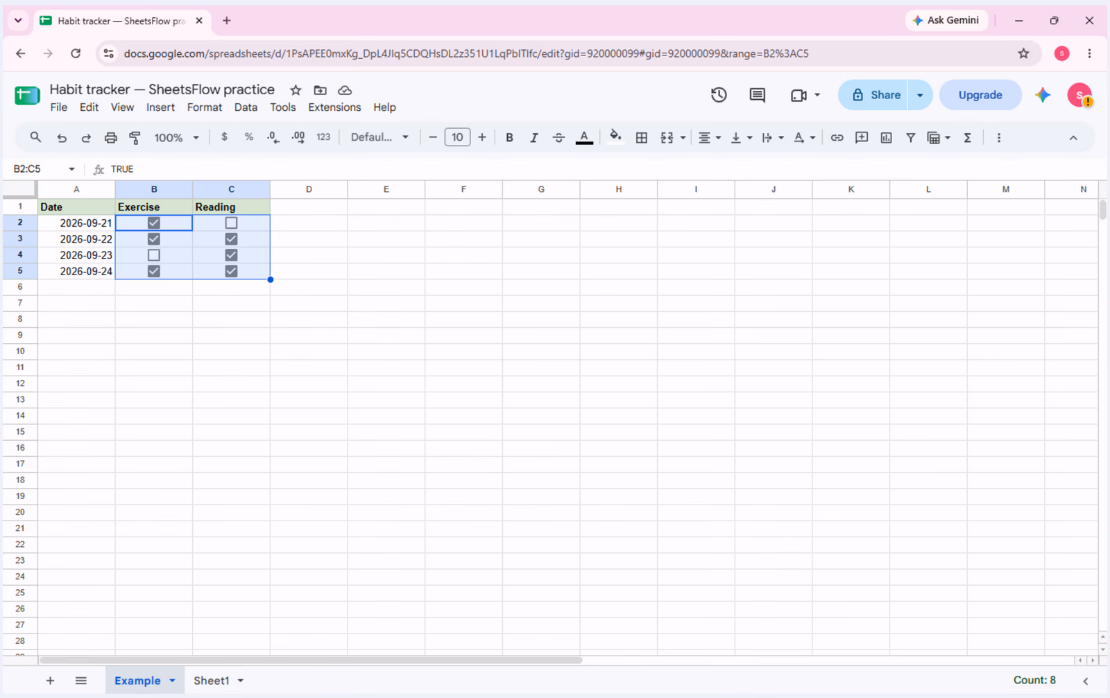 Range B2:C5 converted to checkboxes in Google Sheets, with three Exercise boxes checked and one unchecked.