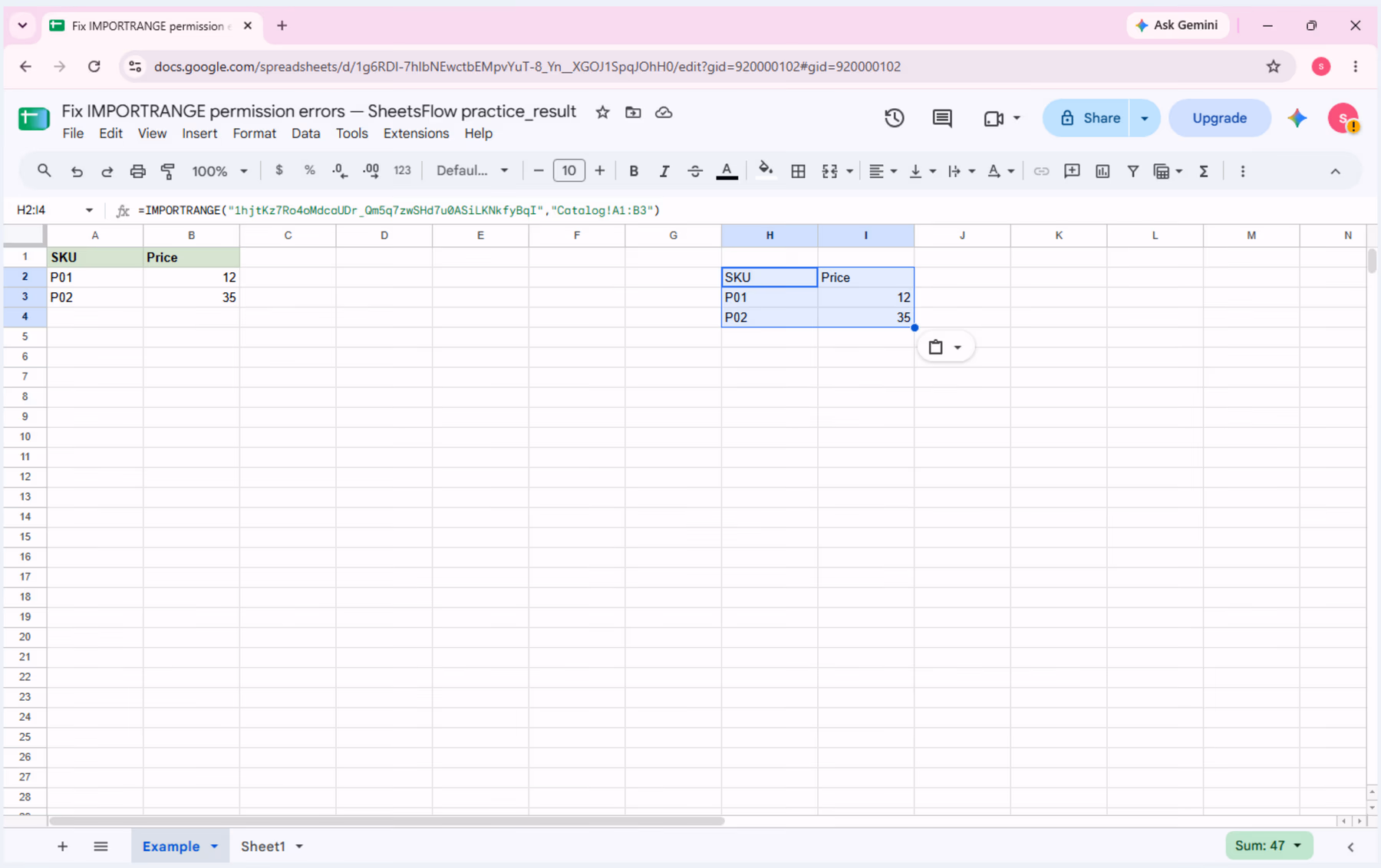 H2 selected with the verified IMPORTRANGE formula visible and the imported Catalog result available for comparison.
