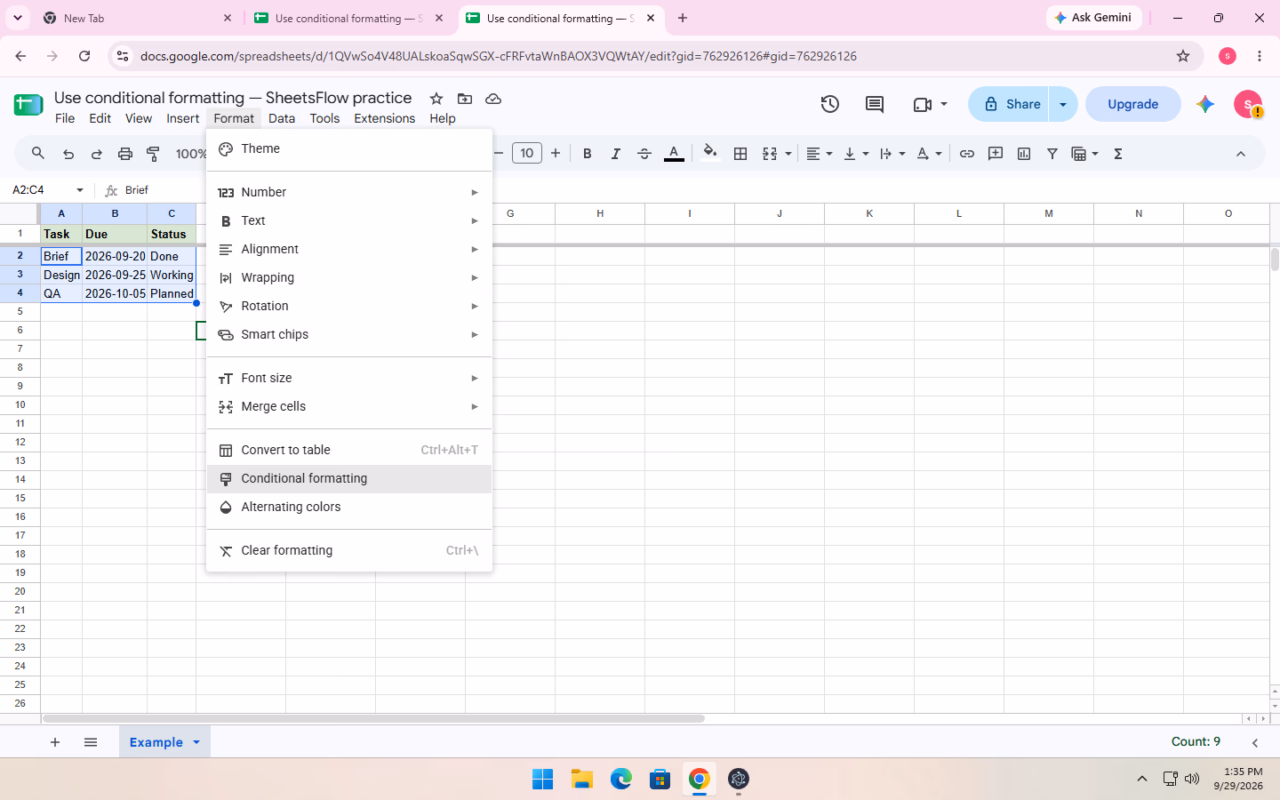Google Sheets with A2:C4 selected and the Format menu open, with Conditional formatting highlighted under the visible menu path Format > Conditional formatting.