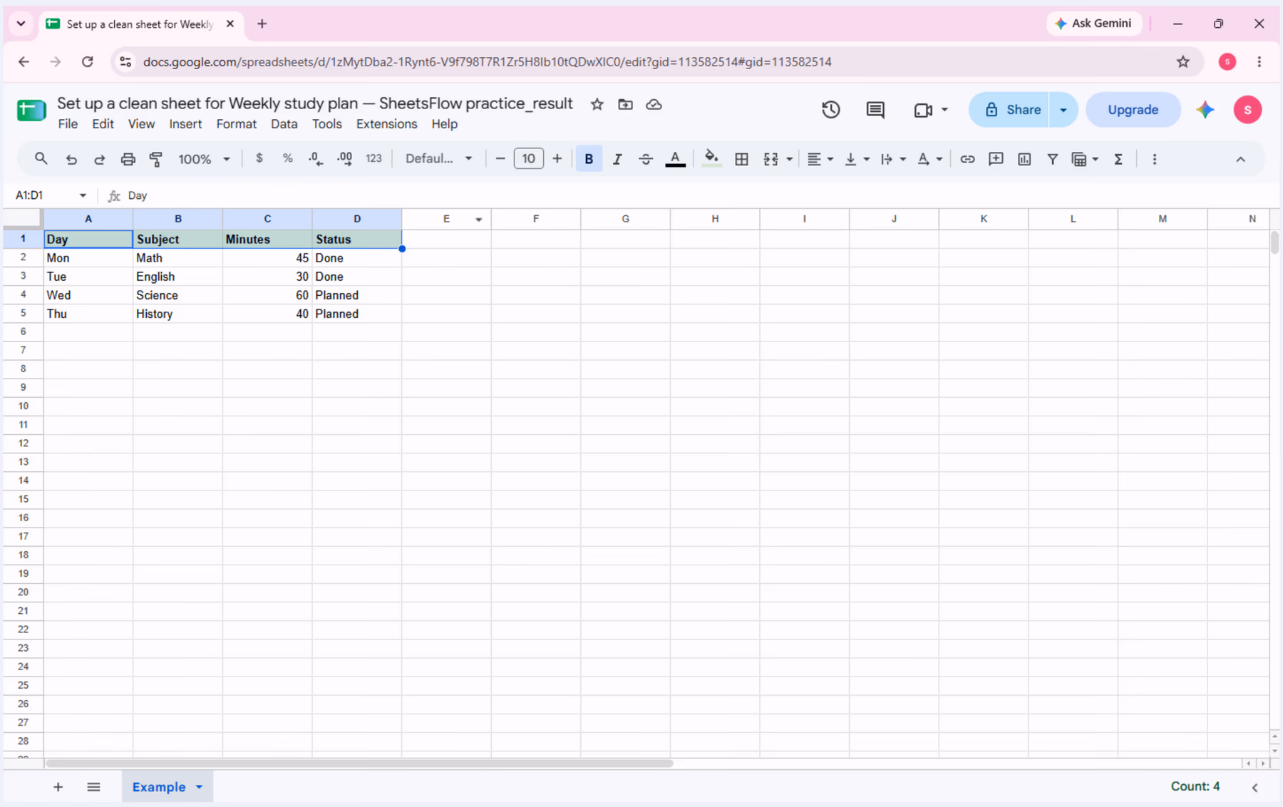Live _result workbook with A1:D1 selected after verifying bold text and the light-green header fill.