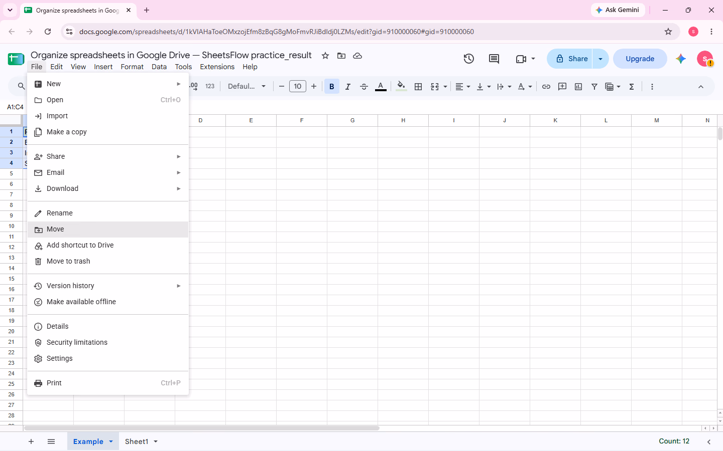 The File menu is open in the _result workbook with the pointer directly on Move.