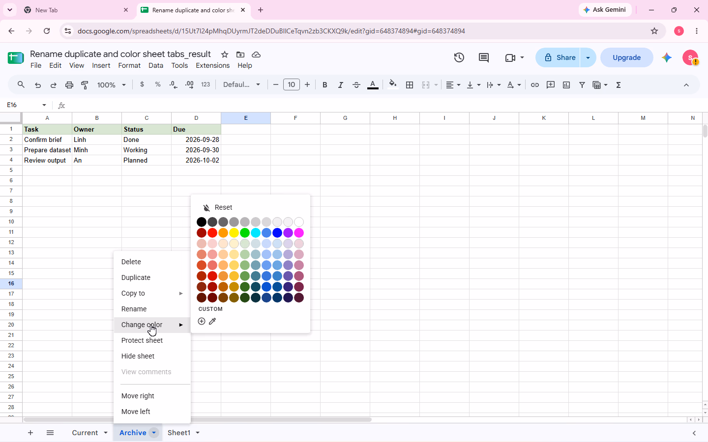 The Archive tab color palette is open with the pointer on Change color.
